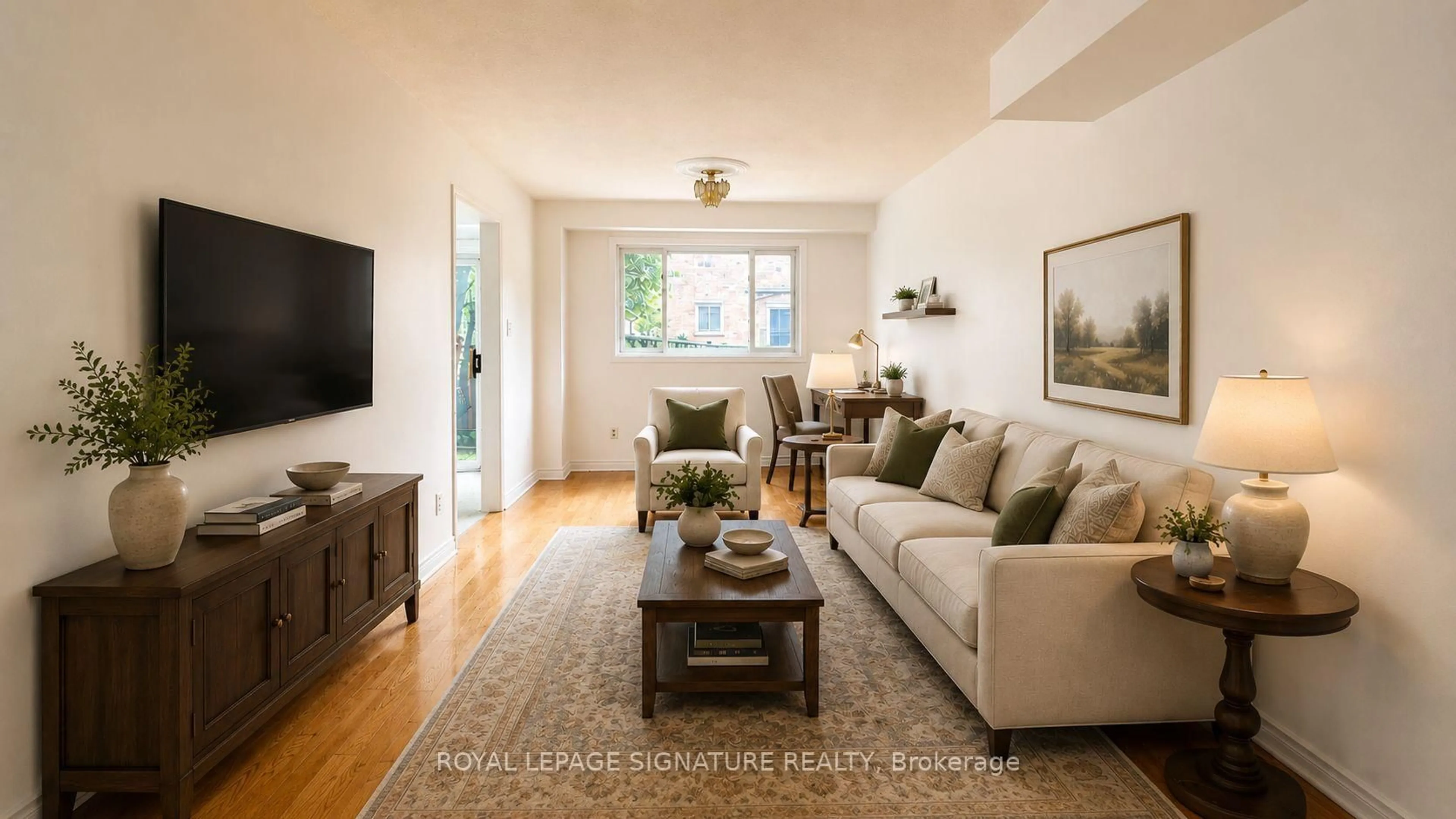Living room with furniture, wood/laminate floor for 77 Brimstone Cres, Toronto Ontario M1V 3C8