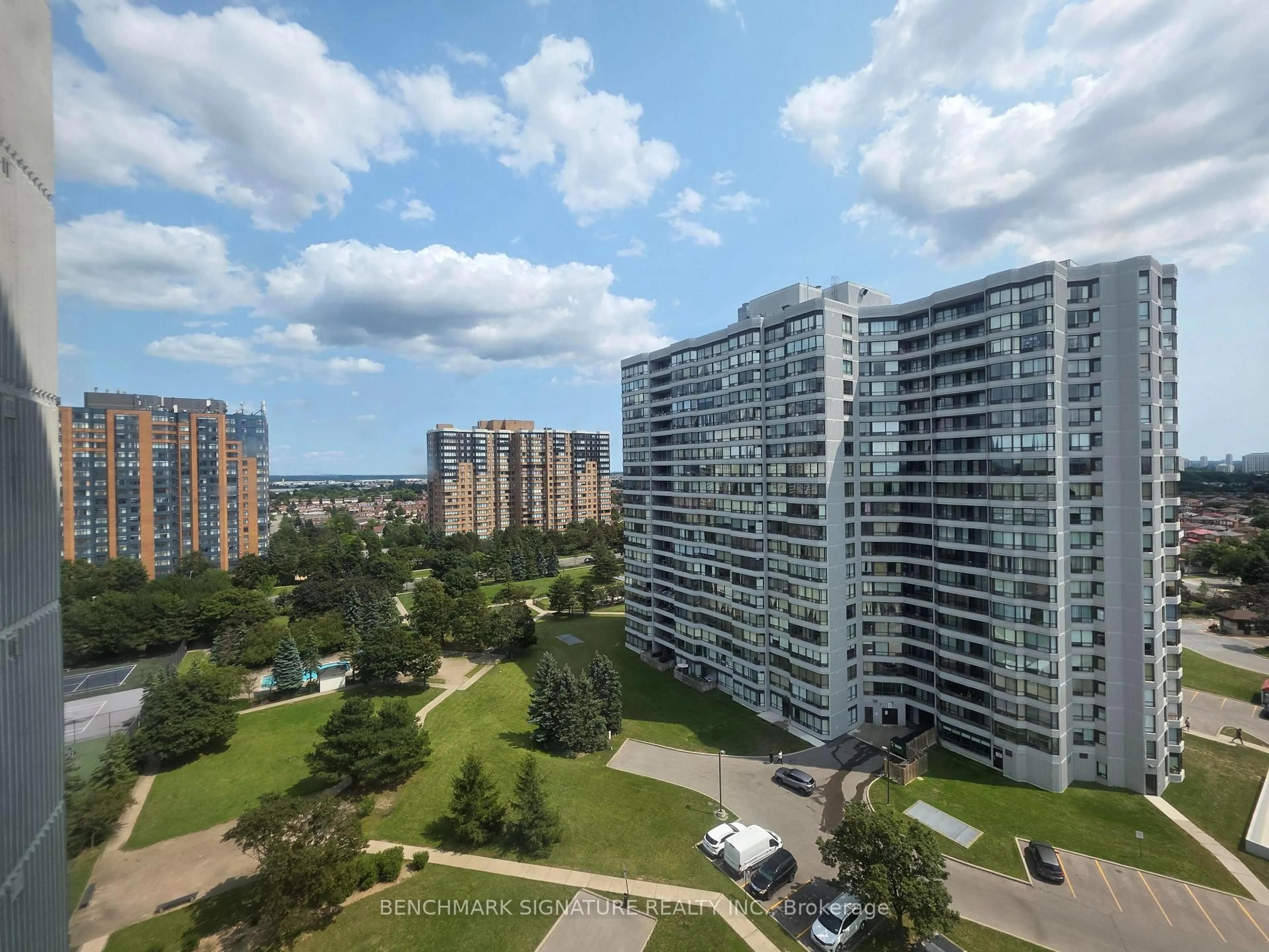A pic from outside/outdoor area/front of a property/back of a property/a pic from drone, city buildings view from balcony for 300 Alton Towers Circ #1409, Toronto Ontario M1V 4X9