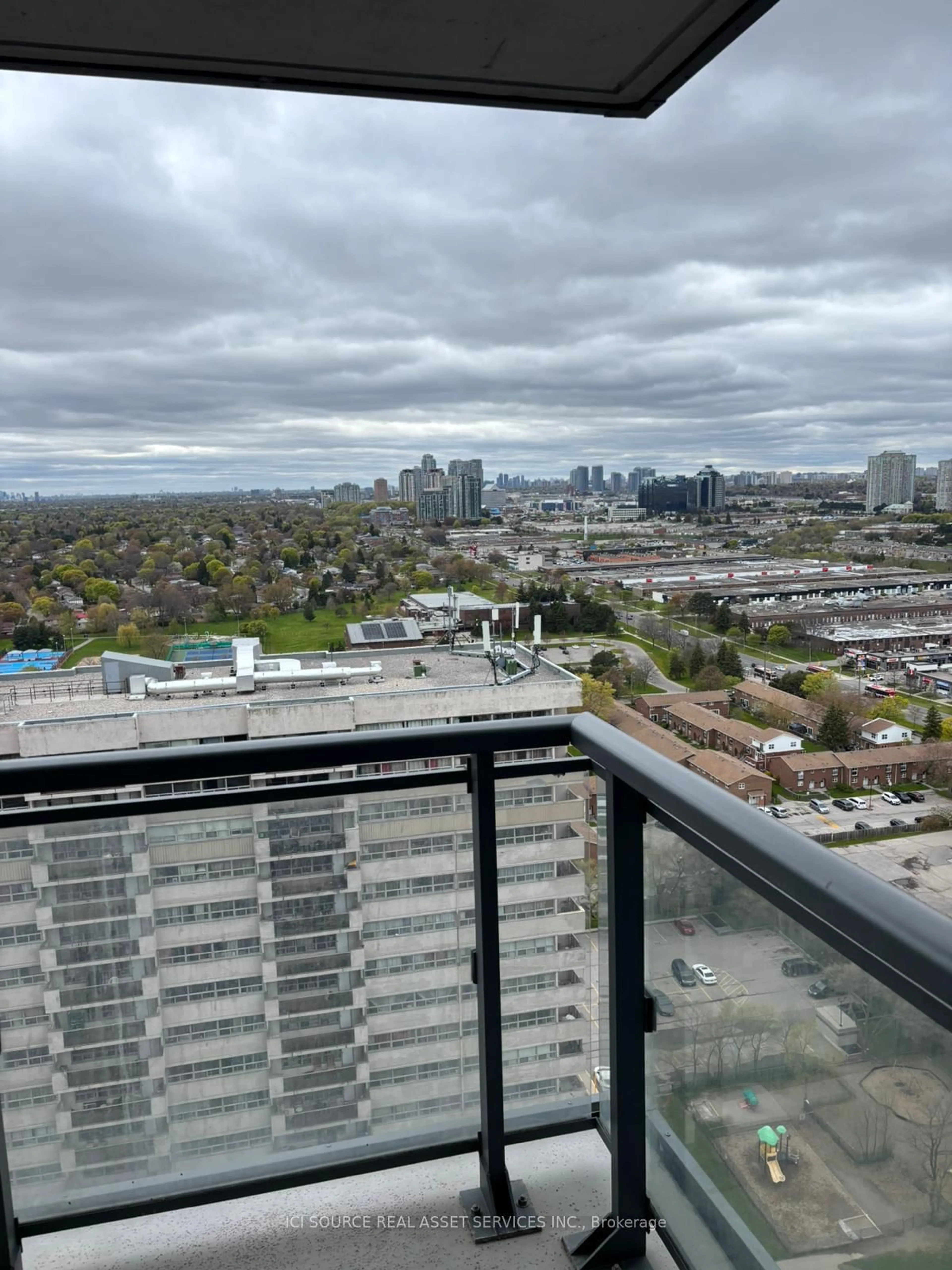 Balcony in the apartment, city buildings view from balcony for 30 Meadowglen Pl #2504, Toronto Ontario M1G 0A6