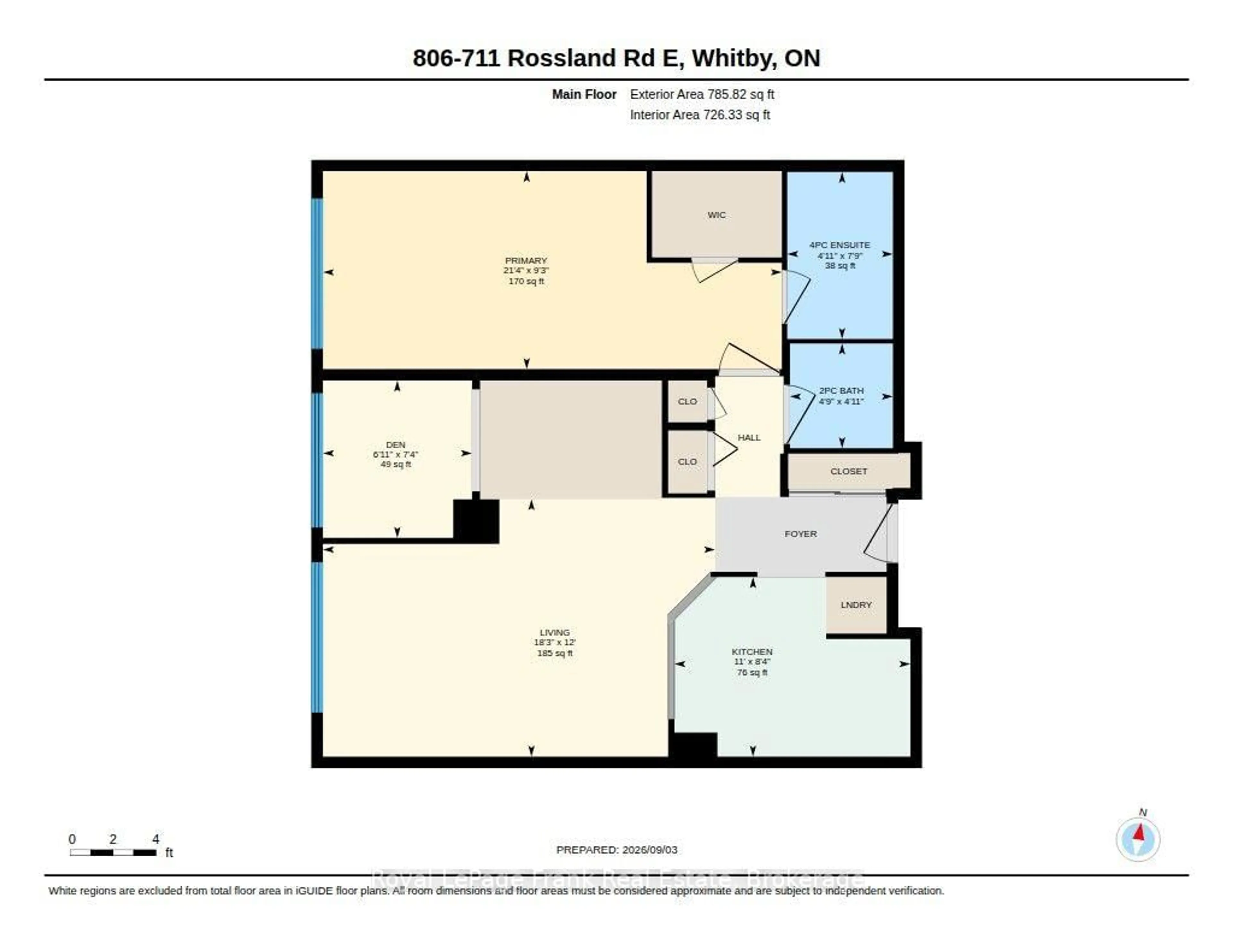 Floor plan for 711 Rossland Rd #806, Whitby Ontario L1N 8Z1