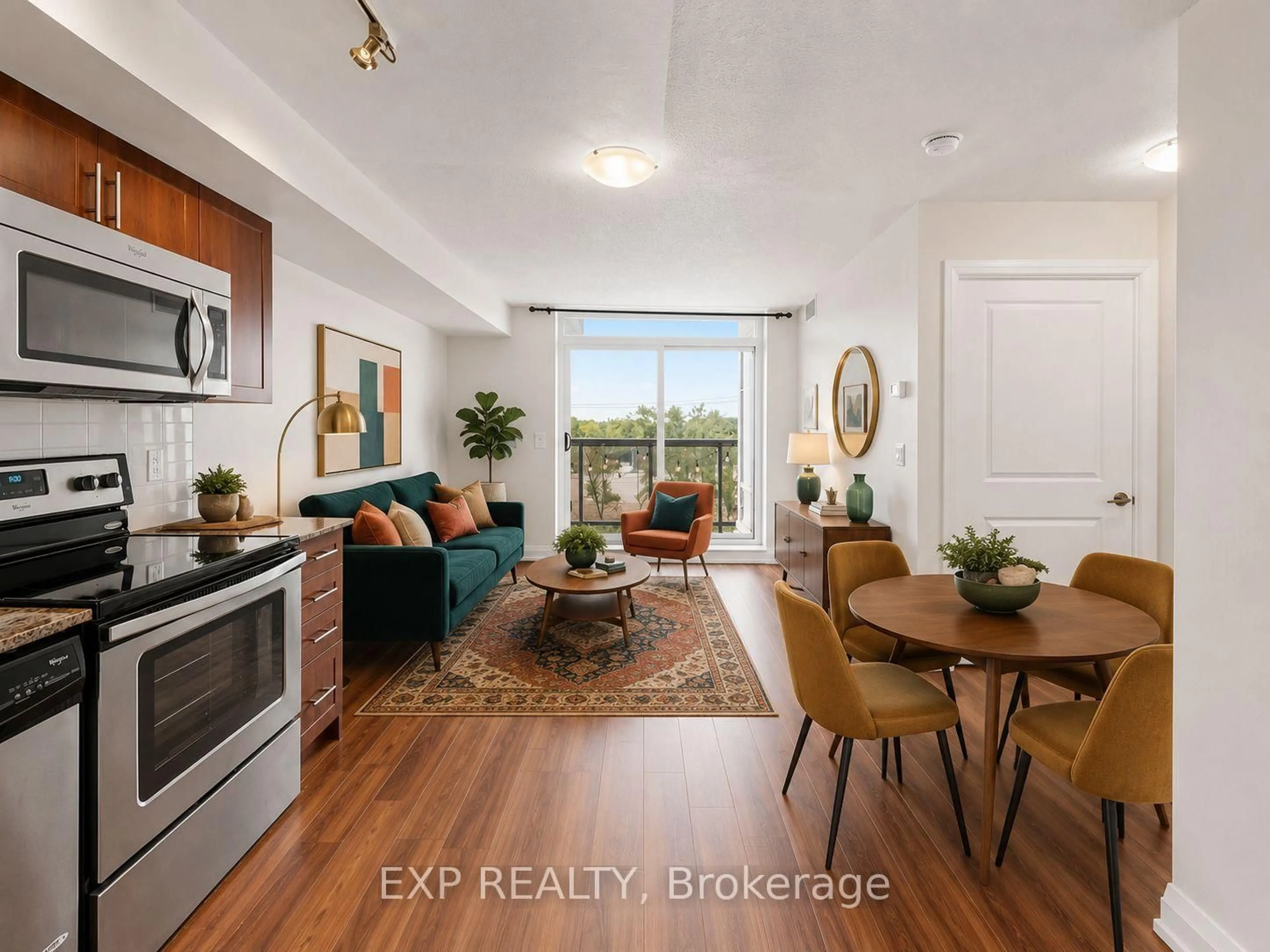Living room with furniture, wood/laminate floor for 3520 Danforth Ave #415, Toronto Ontario M1L 1E5
