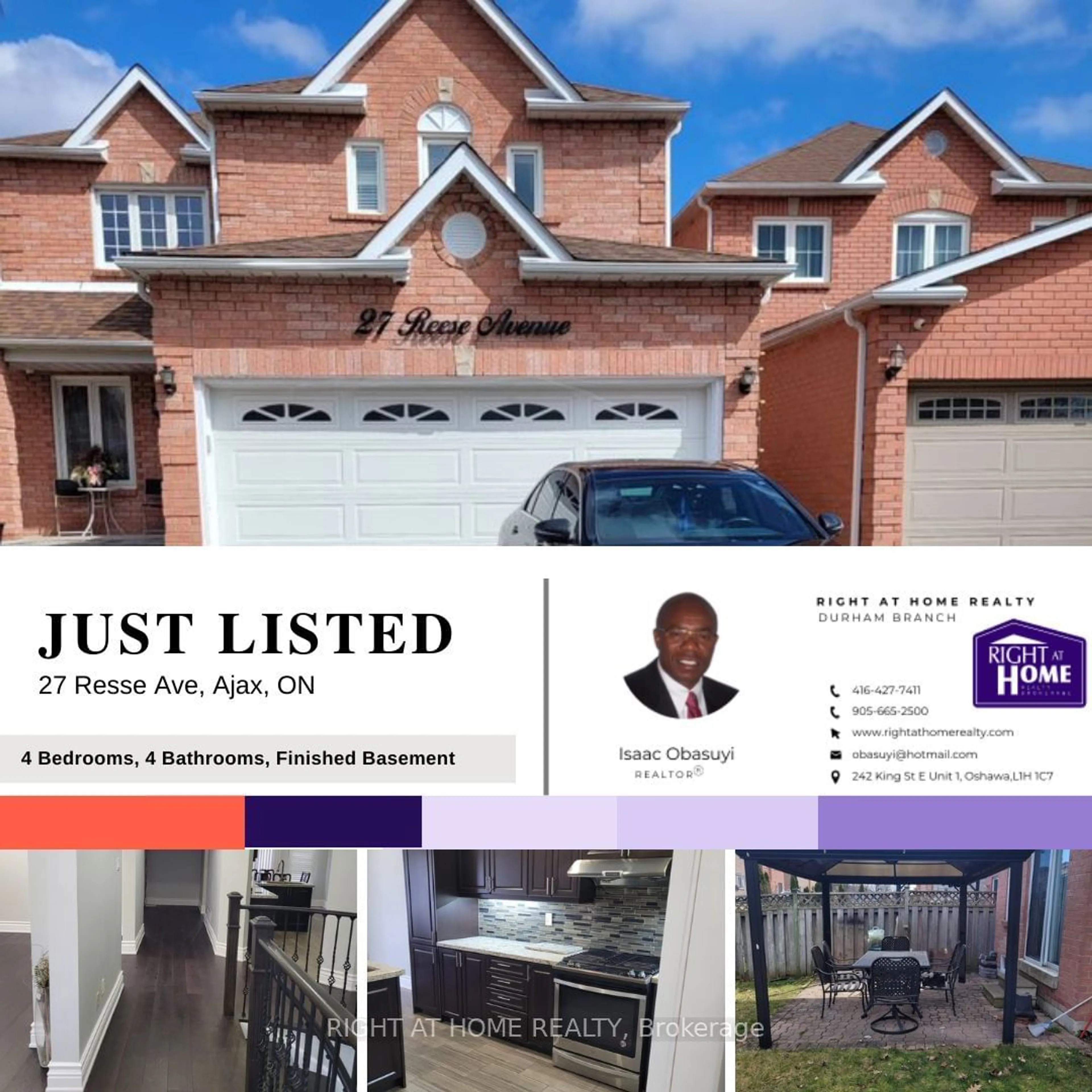 Home with brick exterior material for 27 Reese Ave, Ajax Ontario L1T 3V6