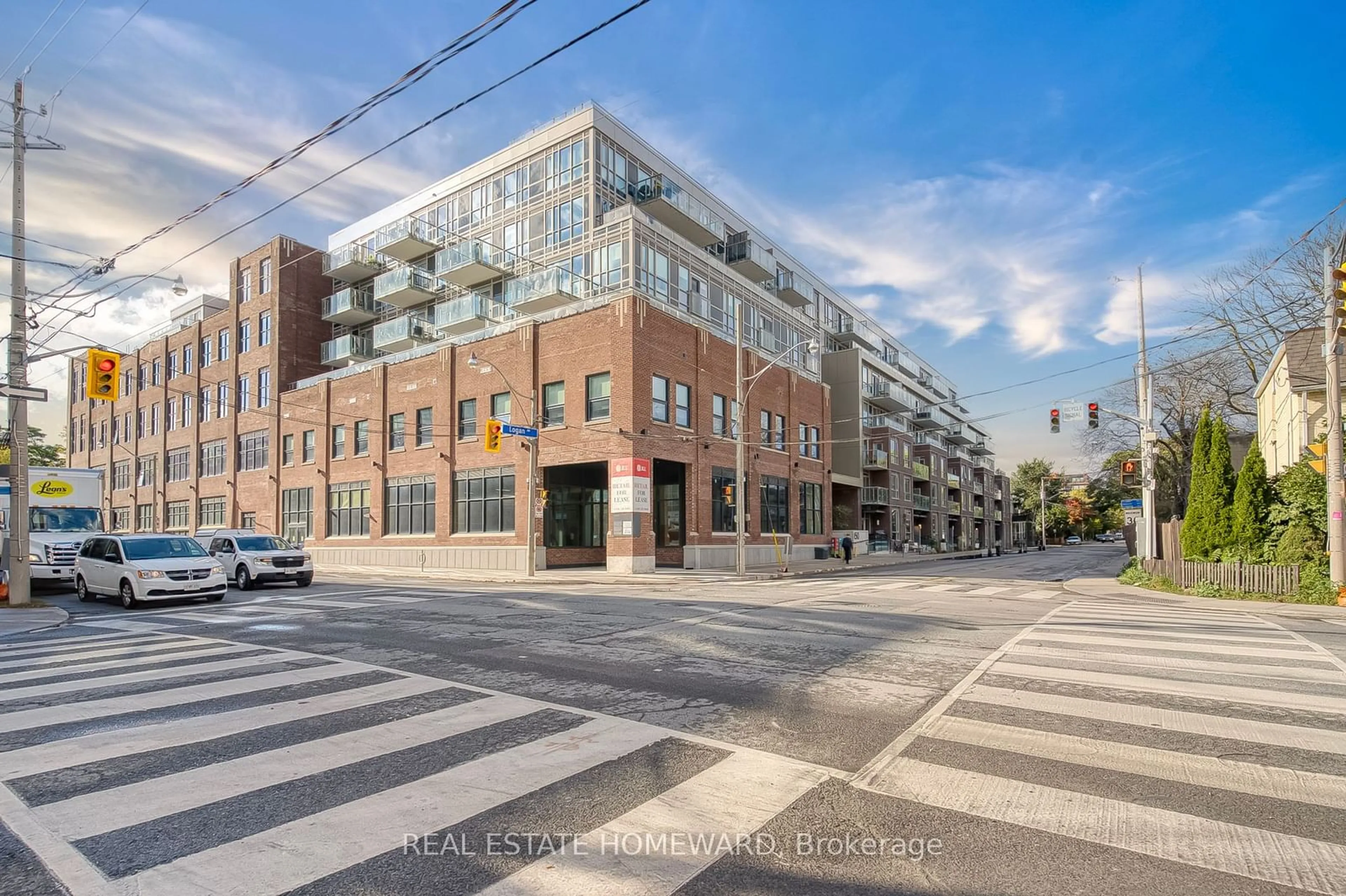 A pic from exterior of the house or condo, the street view for 156 Logan Ave #131, Toronto Ontario M4M 2N3