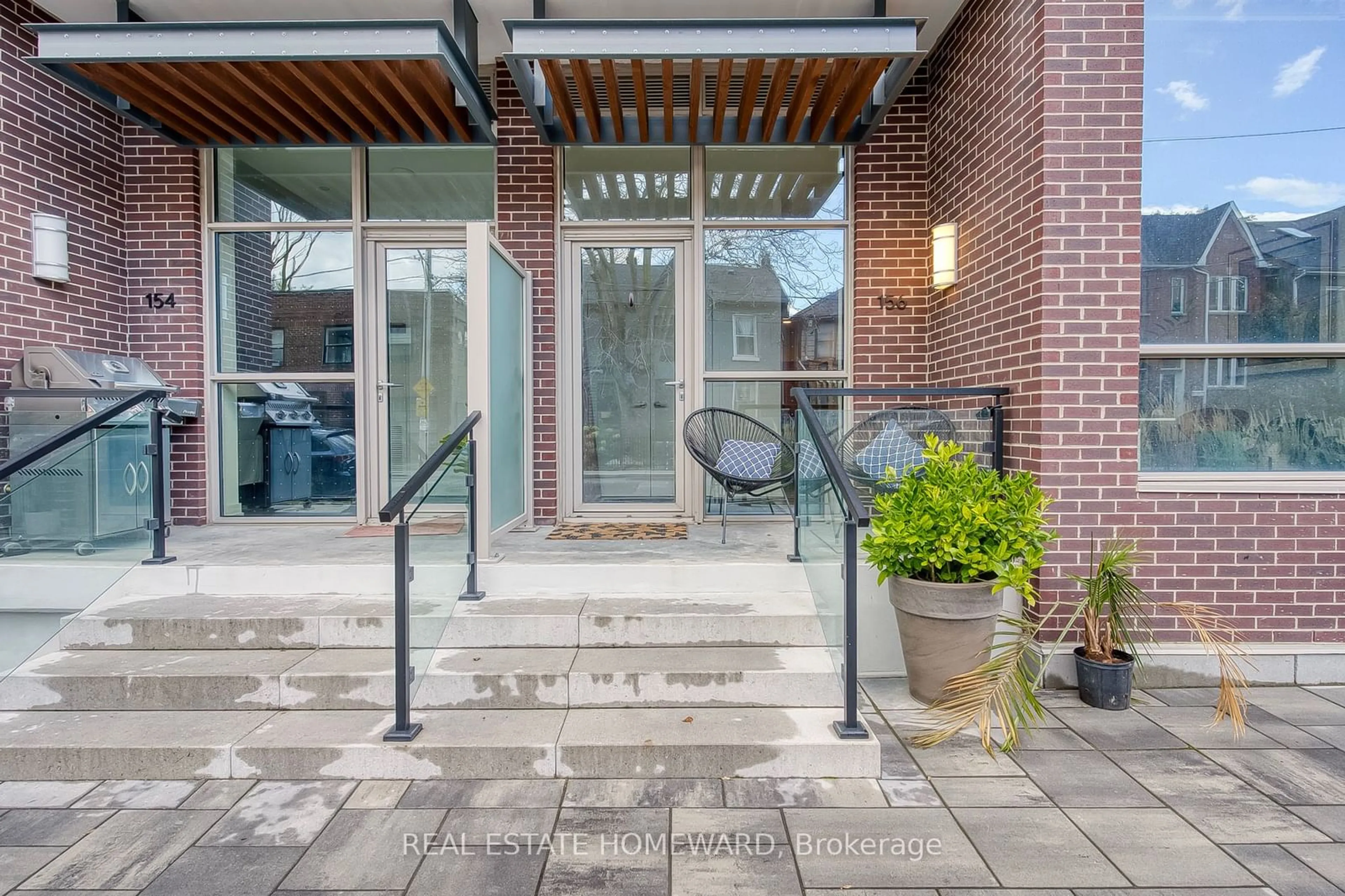 Patio, the street view for 156 Logan Ave #131, Toronto Ontario M4M 2N3