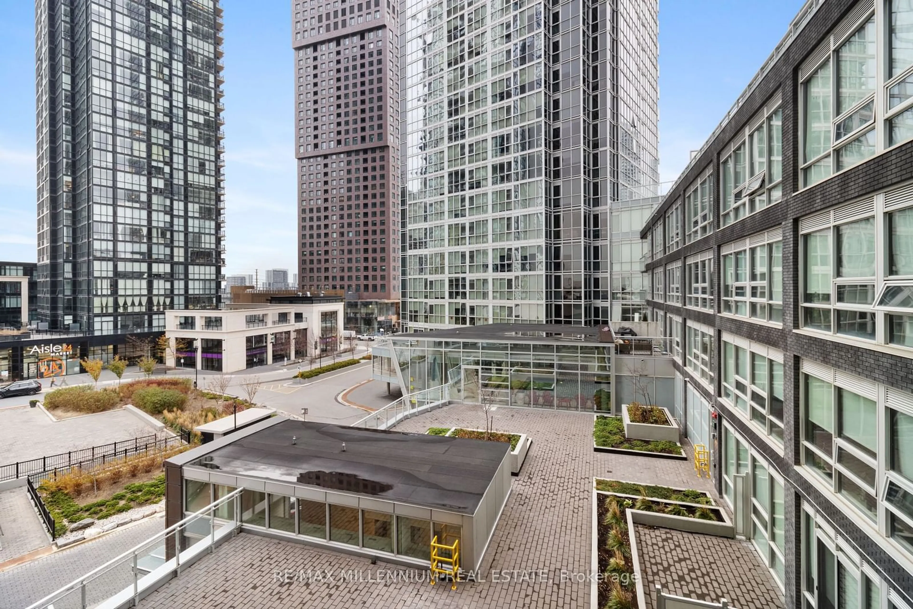 Patio, city buildings view from balcony for 2908 Highway 7 Rd #406, Vaughan Ontario L4K 0K5