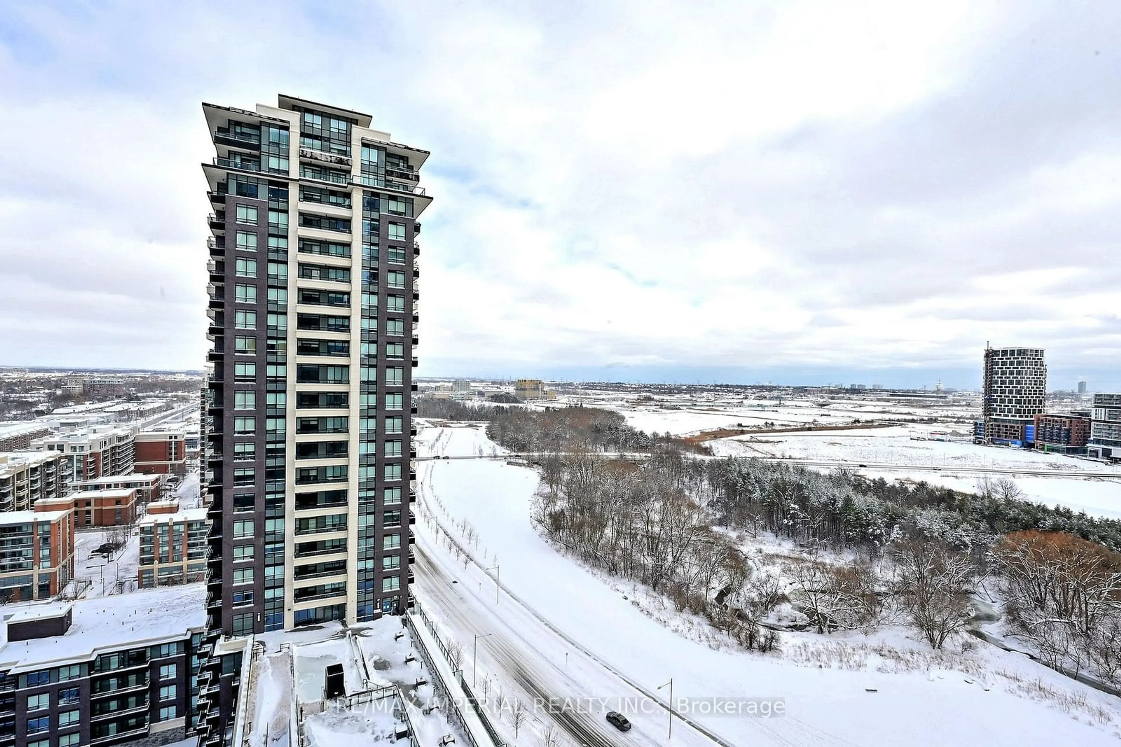 A pic from outside/outdoor area/front of a property/back of a property/a pic from drone, city buildings view from balcony for 18 Water Walk Dr #2201, Markham Ontario L3R 6L5