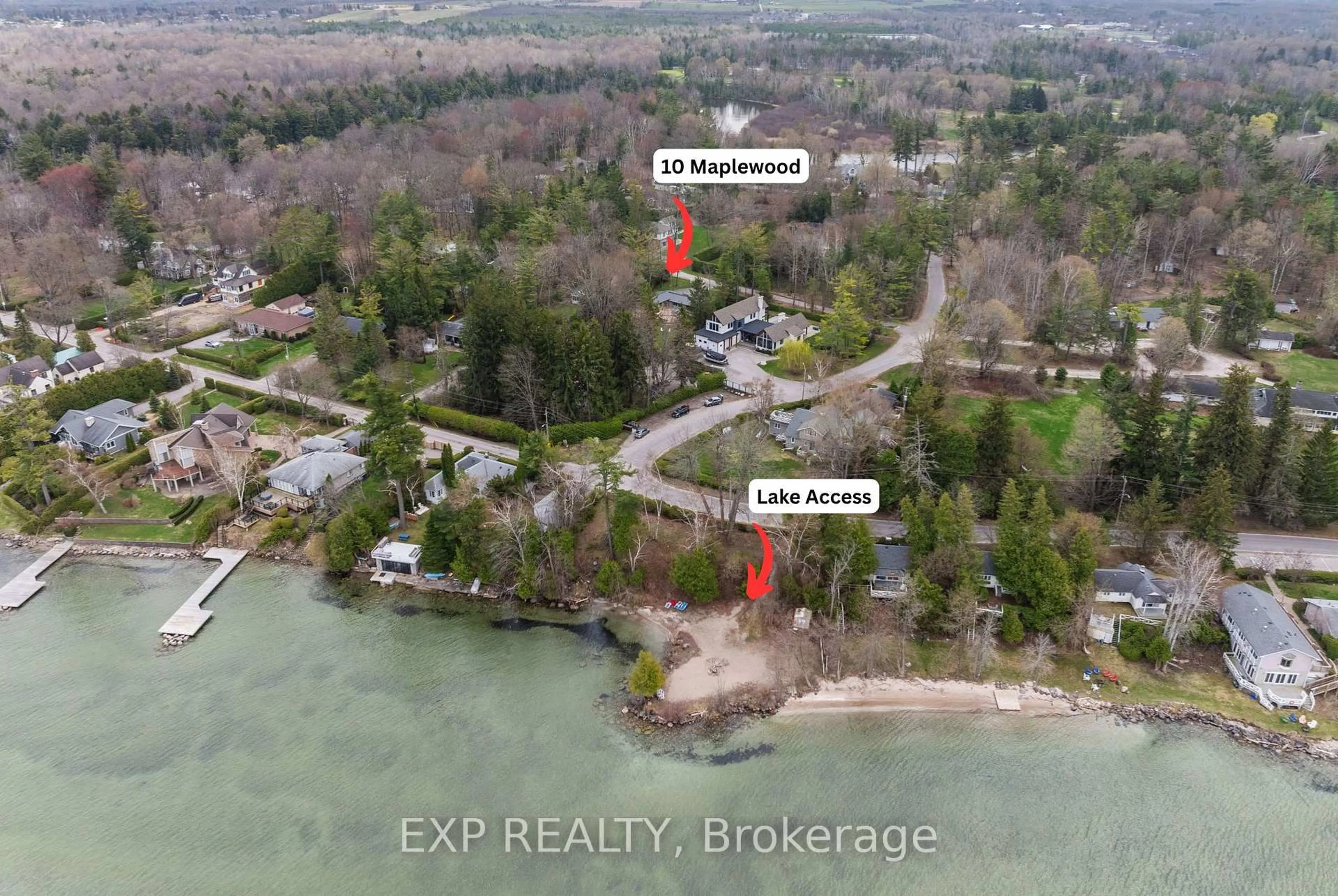 A pic from outside/outdoor area/front of a property/back of a property/a pic from drone, water/lake/river/ocean view for 10 Maplewood Lane, Georgina Ontario L0E 1R0