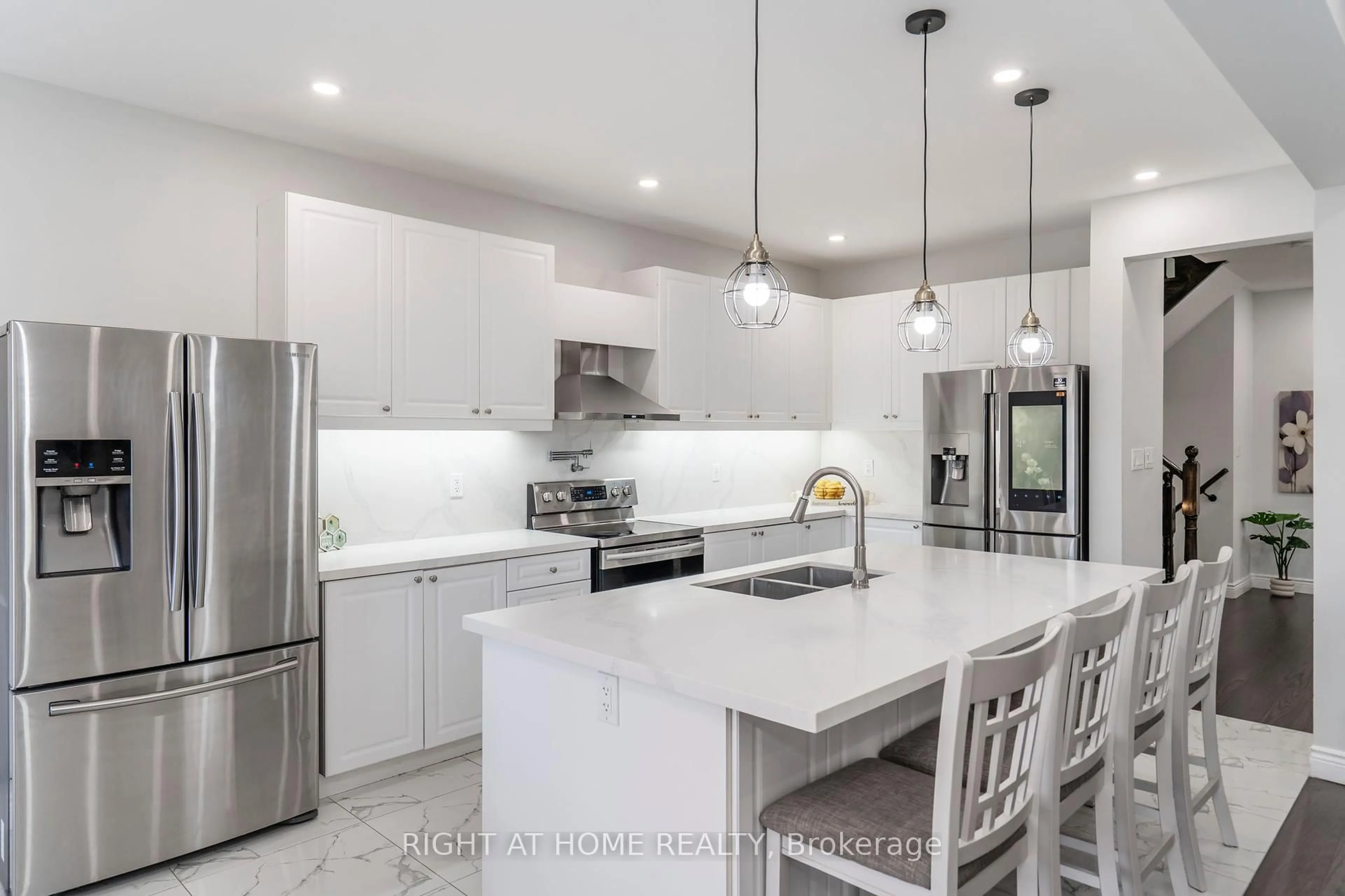 Contemporary kitchen, ceramic/tile floor for 22 Sasco Way, Essa Ontario L3W 0C8