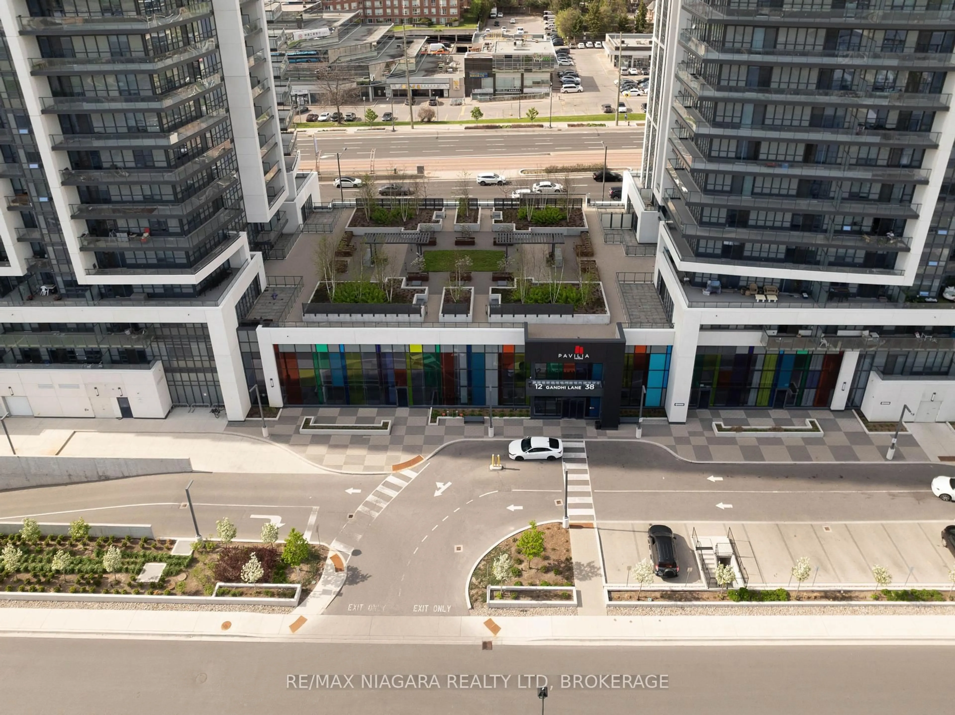 A pic from outside/outdoor area/front of a property/back of a property/a pic from drone, city buildings view from balcony for 12 GANDHI Lane #105, Markham Ontario L3T 0G8