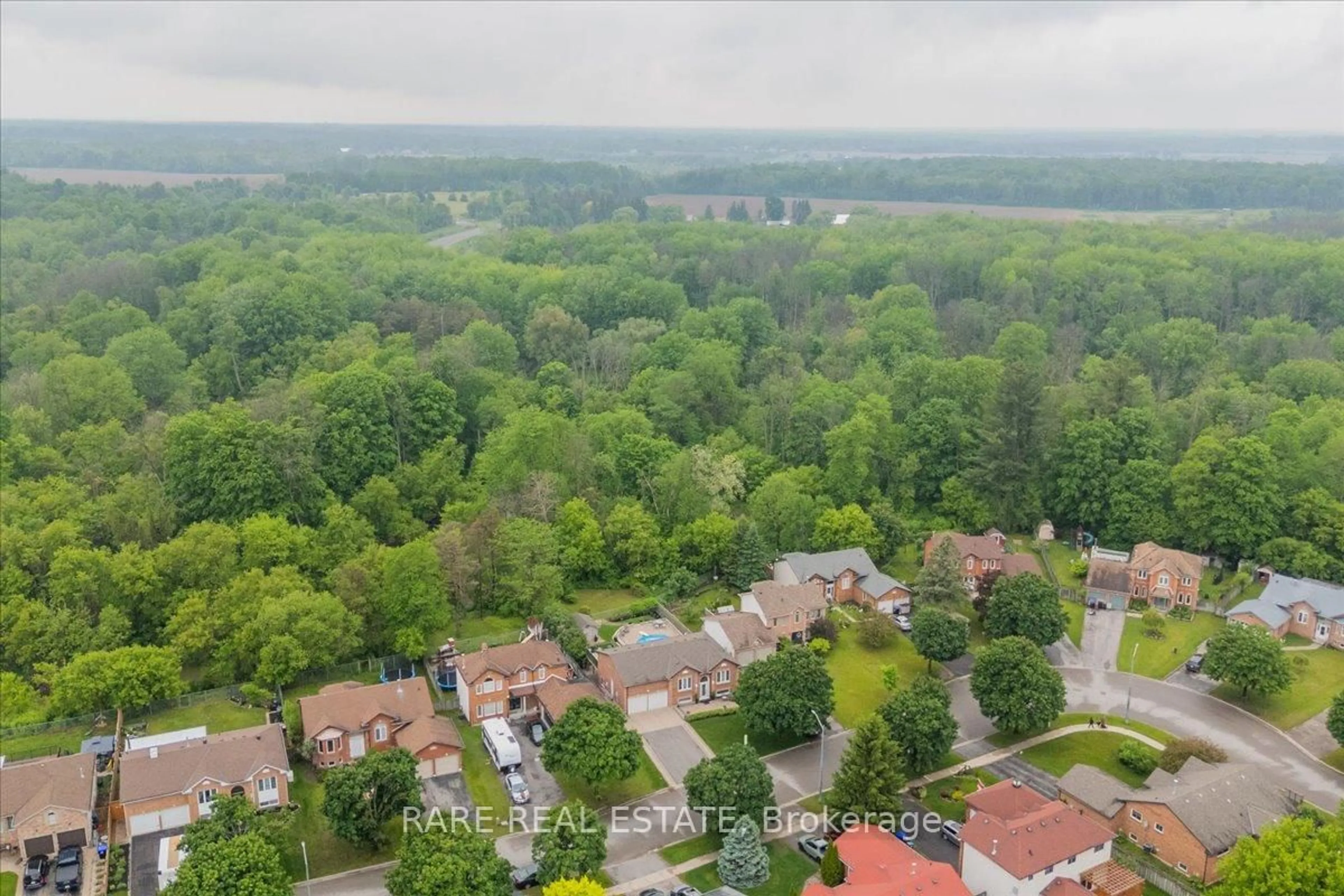 A pic from outside/outdoor area/front of a property/back of a property/a pic from drone, forest/trees view for 58 Edenbridge Dr, Essa Ontario L3W 0K8