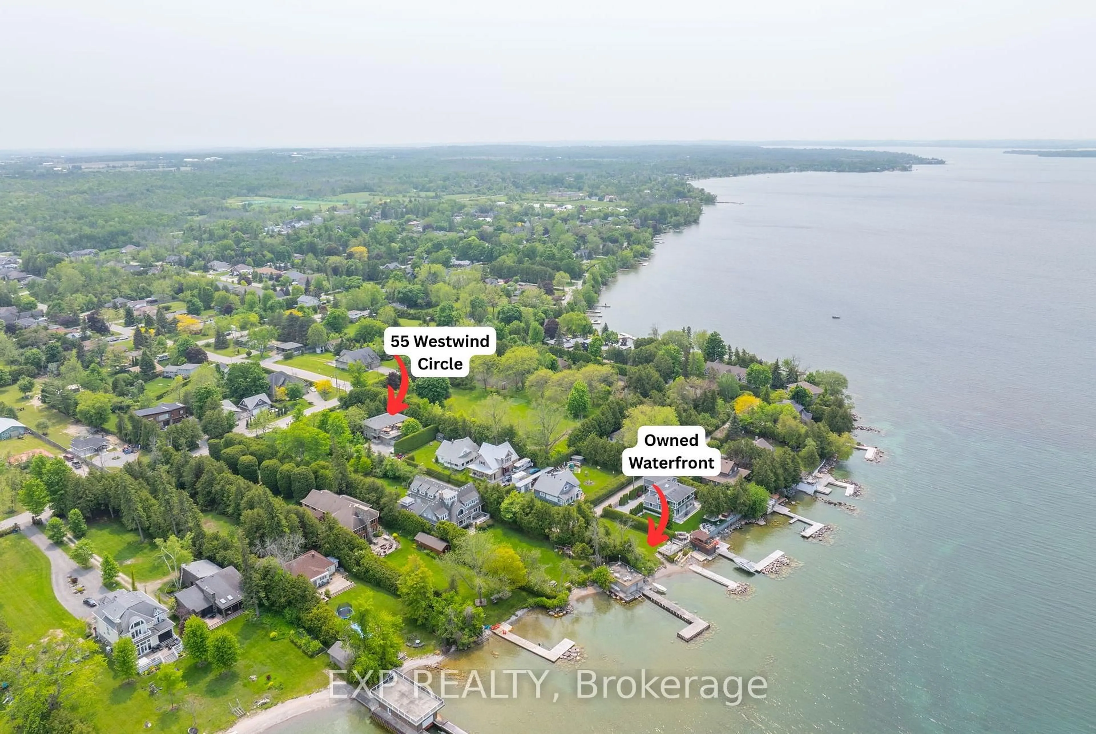 A pic from outside/outdoor area/front of a property/back of a property/a pic from drone, water/lake/river/ocean view for 55 Westwind Circ, Georgina Ontario L0L 1S0