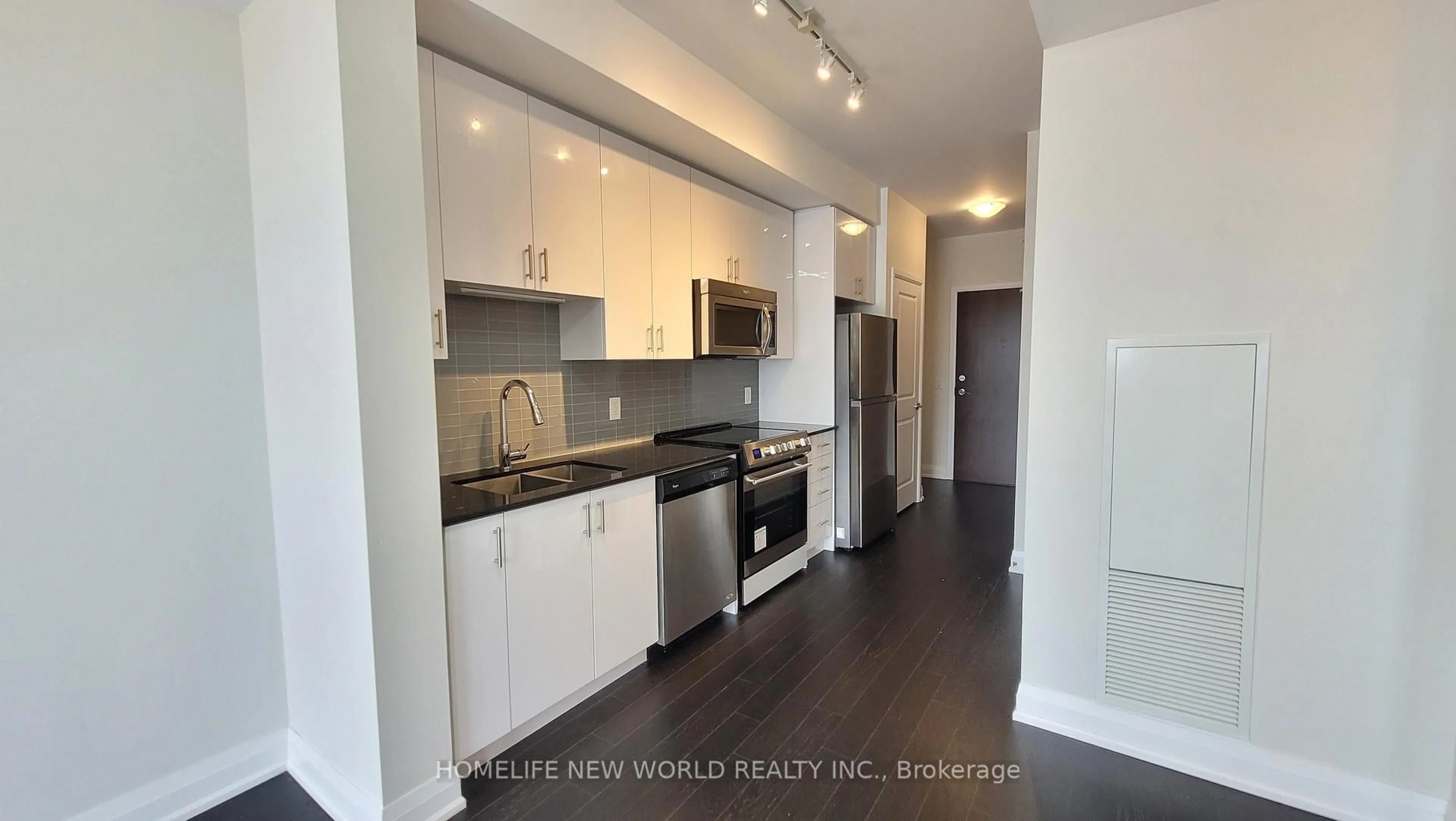 Open concept kitchen, wood/laminate floor for 9582 Markham Rd #810, Markham Ontario L6E 0H8