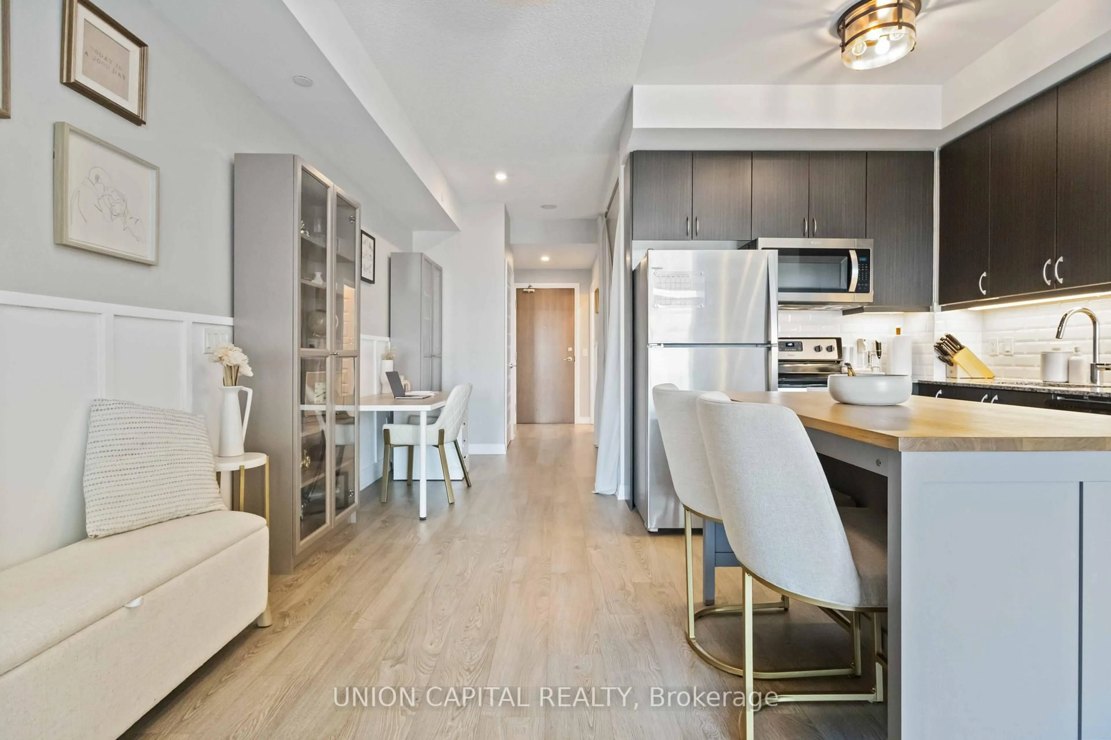 Open concept kitchen, wood/laminate floor for 9560 Markham Rd #512, Markham Ontario L6E 0T9