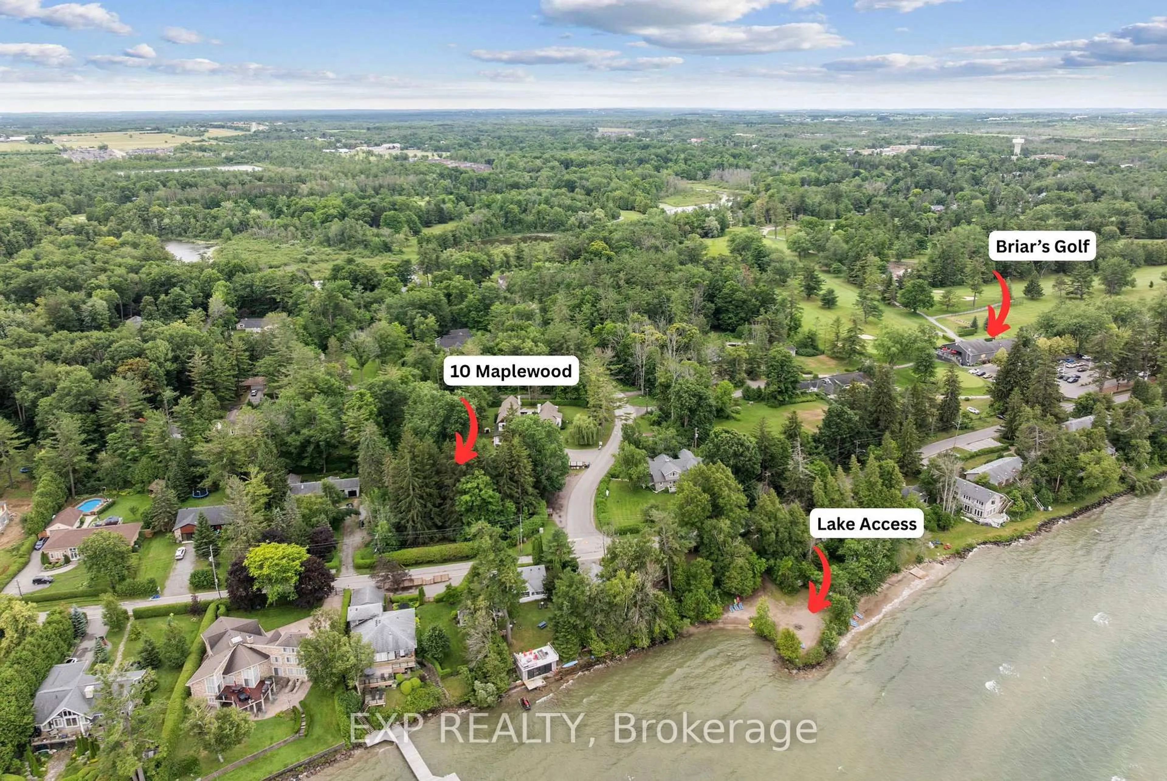 A pic from outside/outdoor area/front of a property/back of a property/a pic from drone, water/lake/river/ocean view for 10 Maplewood Lane, Georgina Ontario L0E 1R0