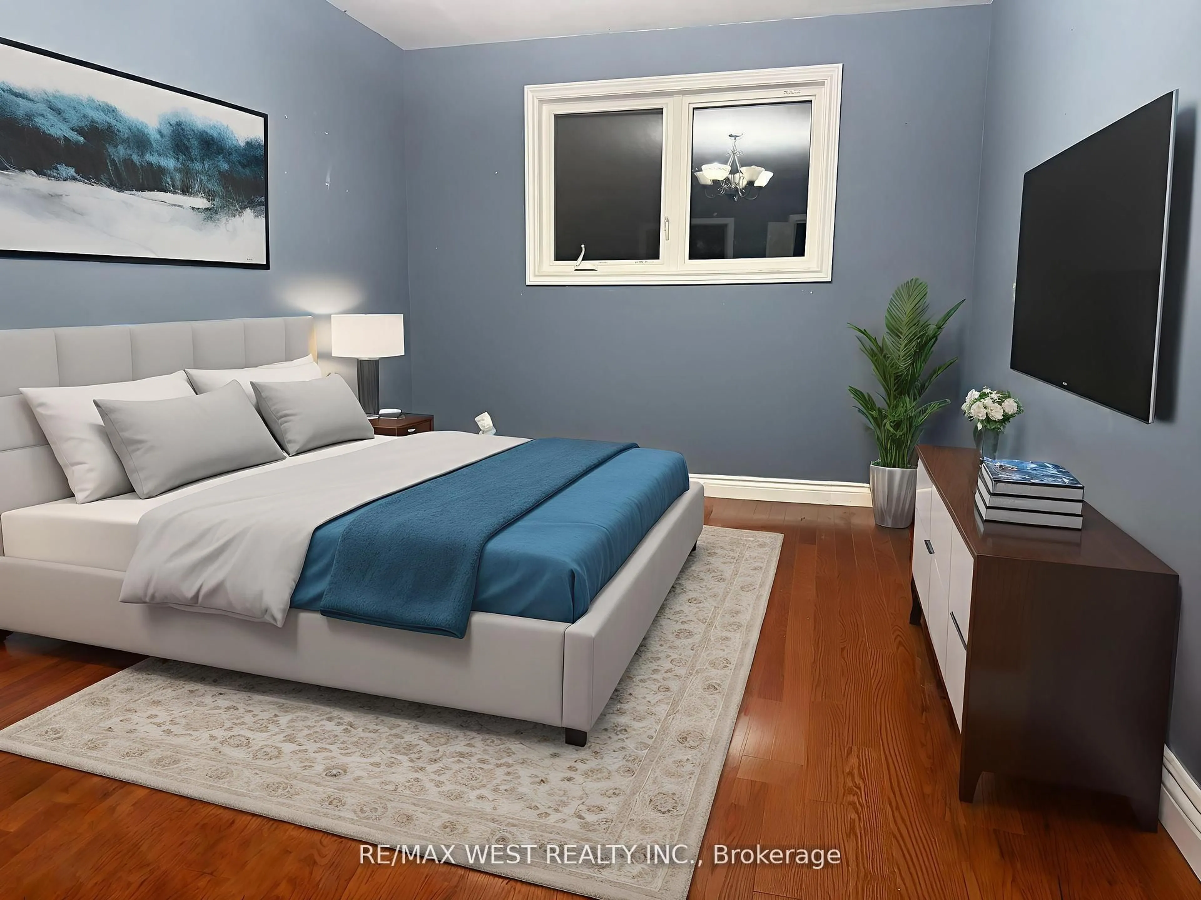 Bedroom with bed, wood/laminate floor for 61 Romfield Crct, Markham Ontario L3T 3H4
