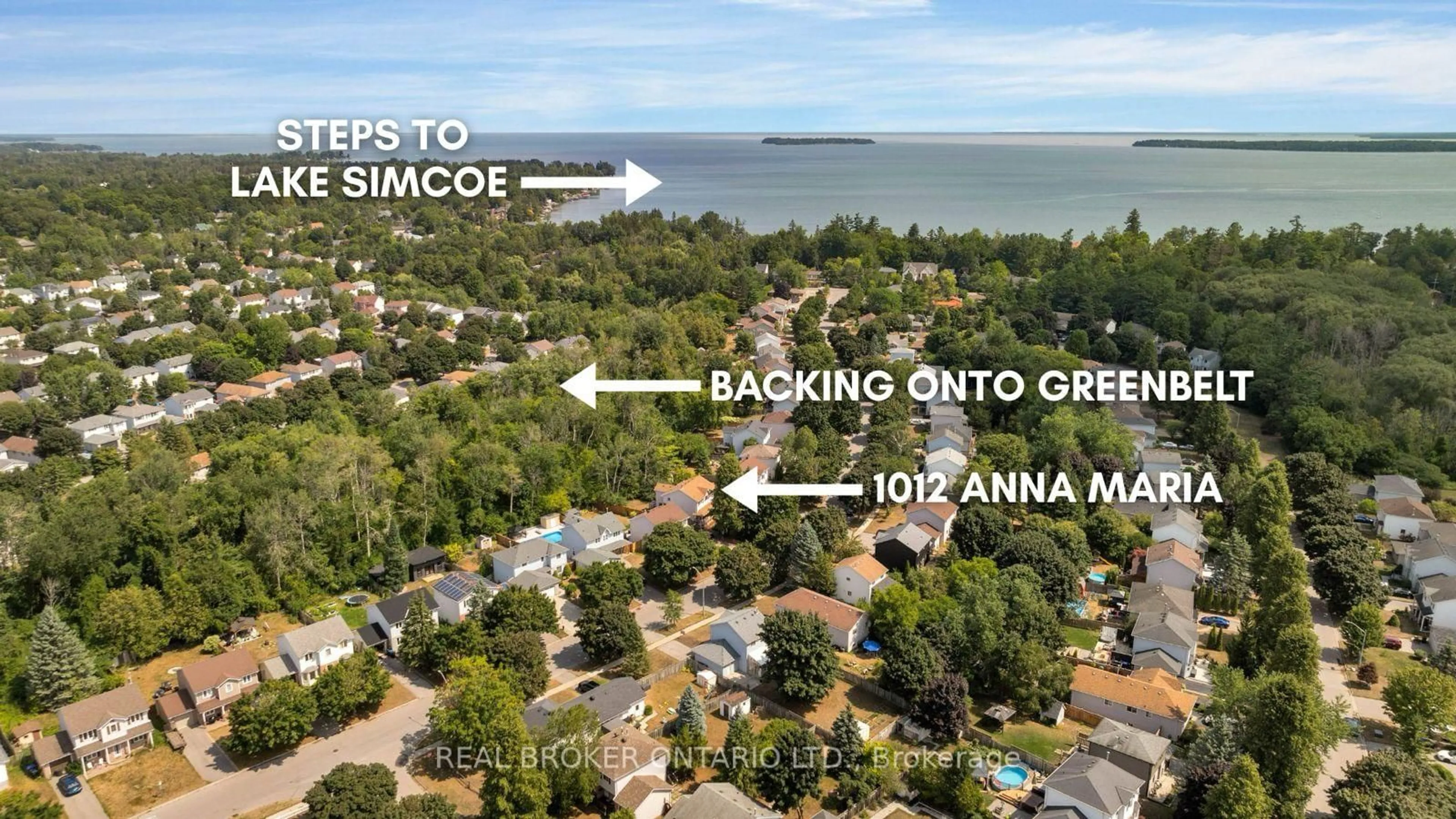 A pic from outside/outdoor area/front of a property/back of a property/a pic from drone, water/lake/river/ocean view for 1012 Anna Maria Ave, Innisfil Ontario L9S 1V6