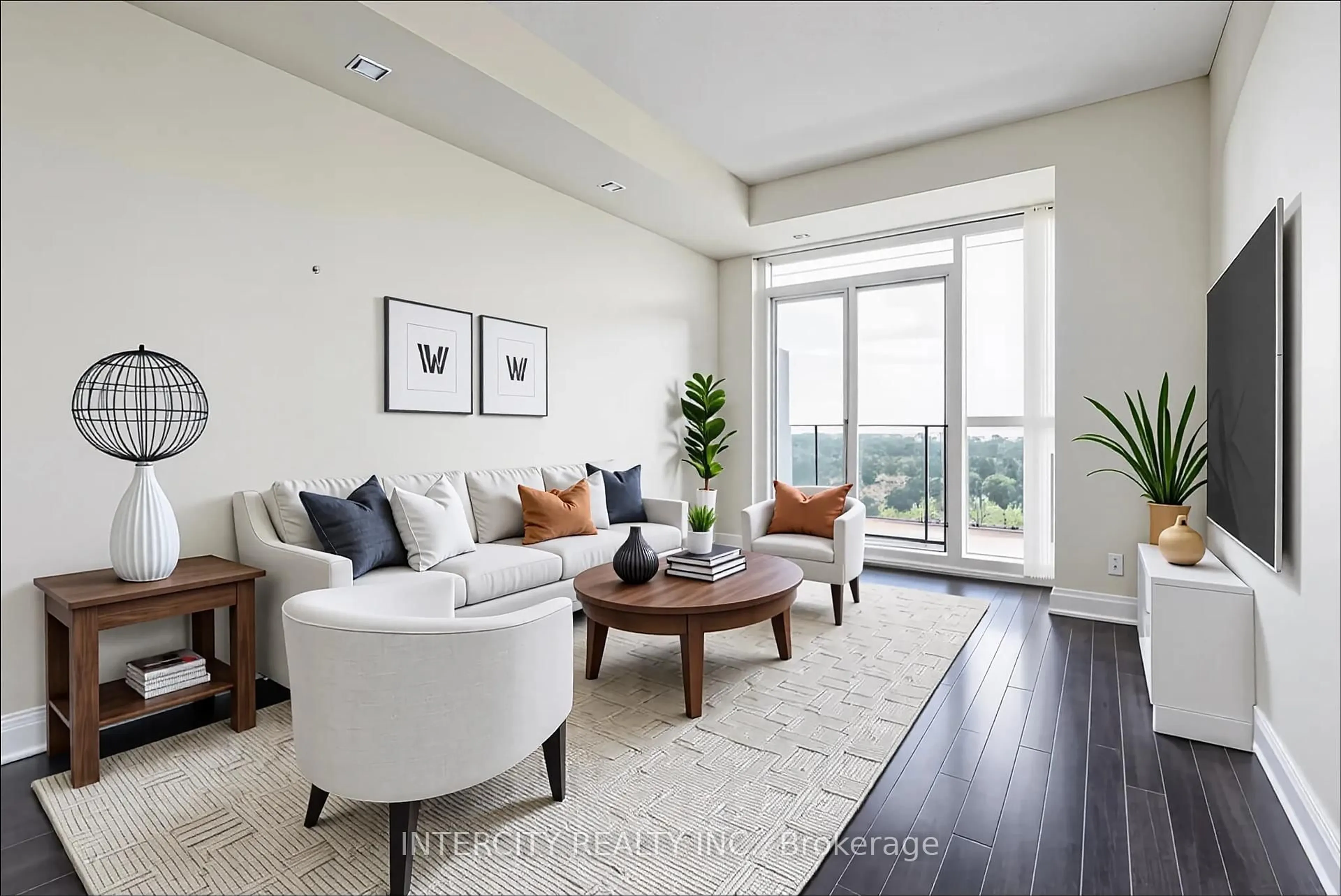 Living room with furniture, wood/laminate floor for 520 Steeles Ave #1102, Vaughan Ontario L4J 8A4