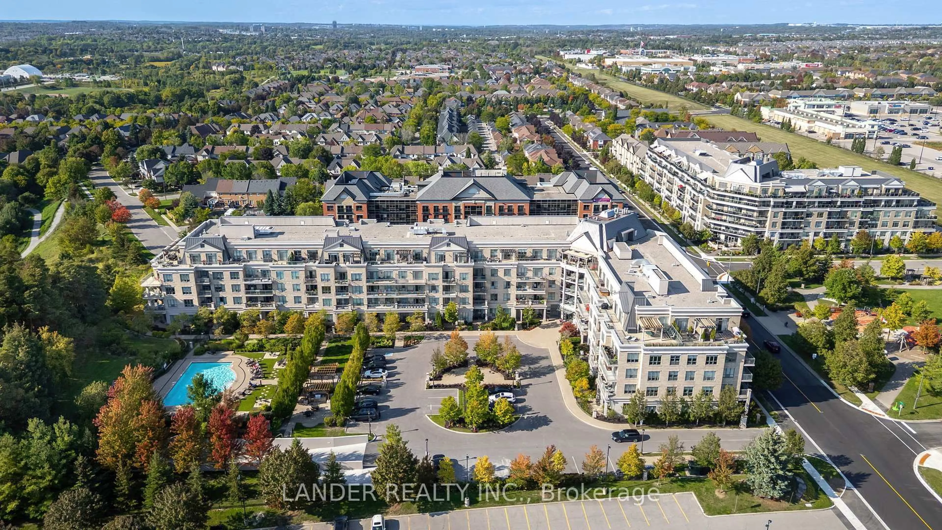 A pic from outside/outdoor area/front of a property/back of a property/a pic from drone, city buildings view from balcony for 180 John West Way #107, Aurora Ontario L4G 0R3