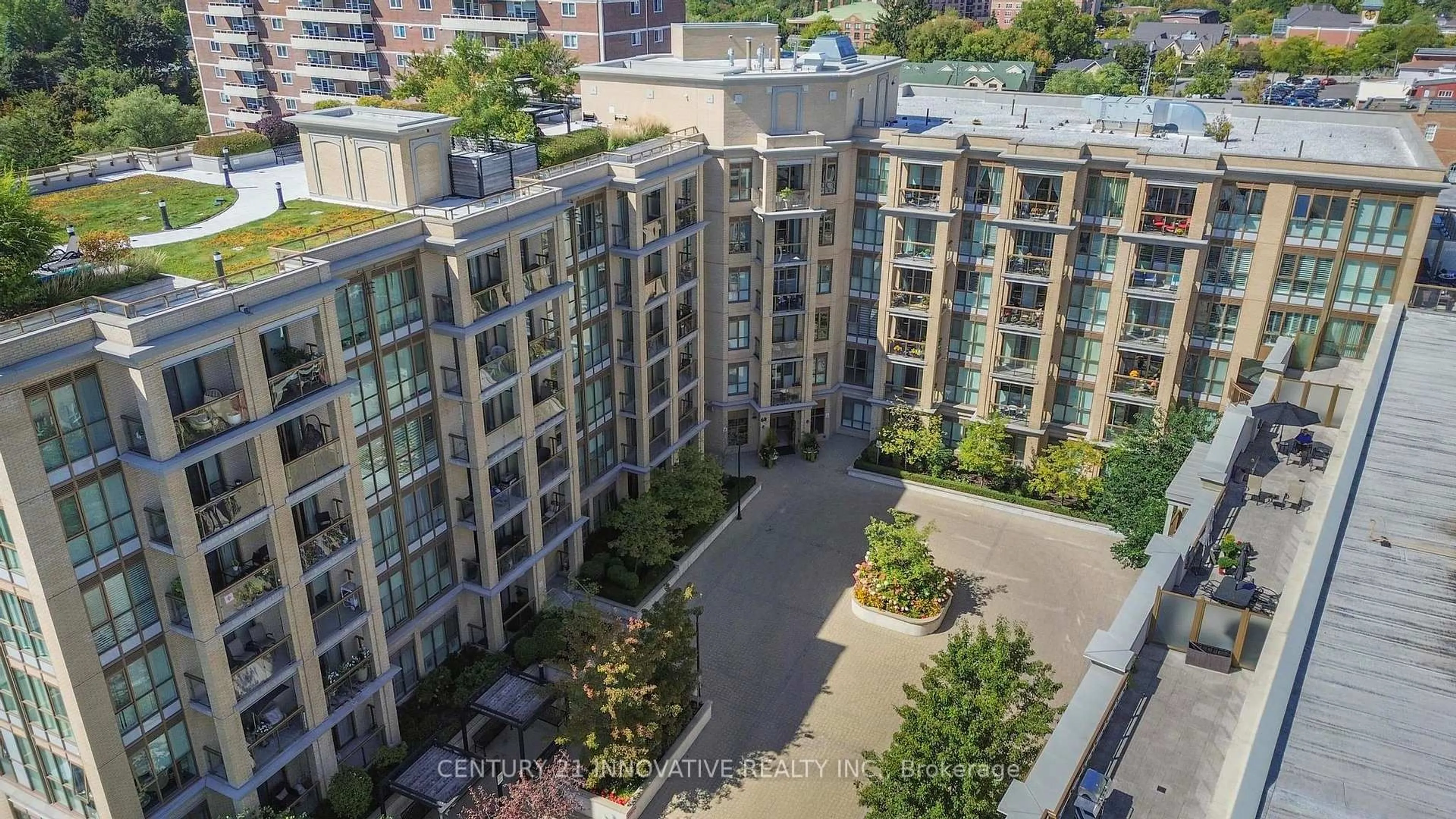 A pic from outside/outdoor area/front of a property/back of a property/a pic from drone, city buildings view from balcony for 68 Main St #334, Markham Ontario L3P 0B5