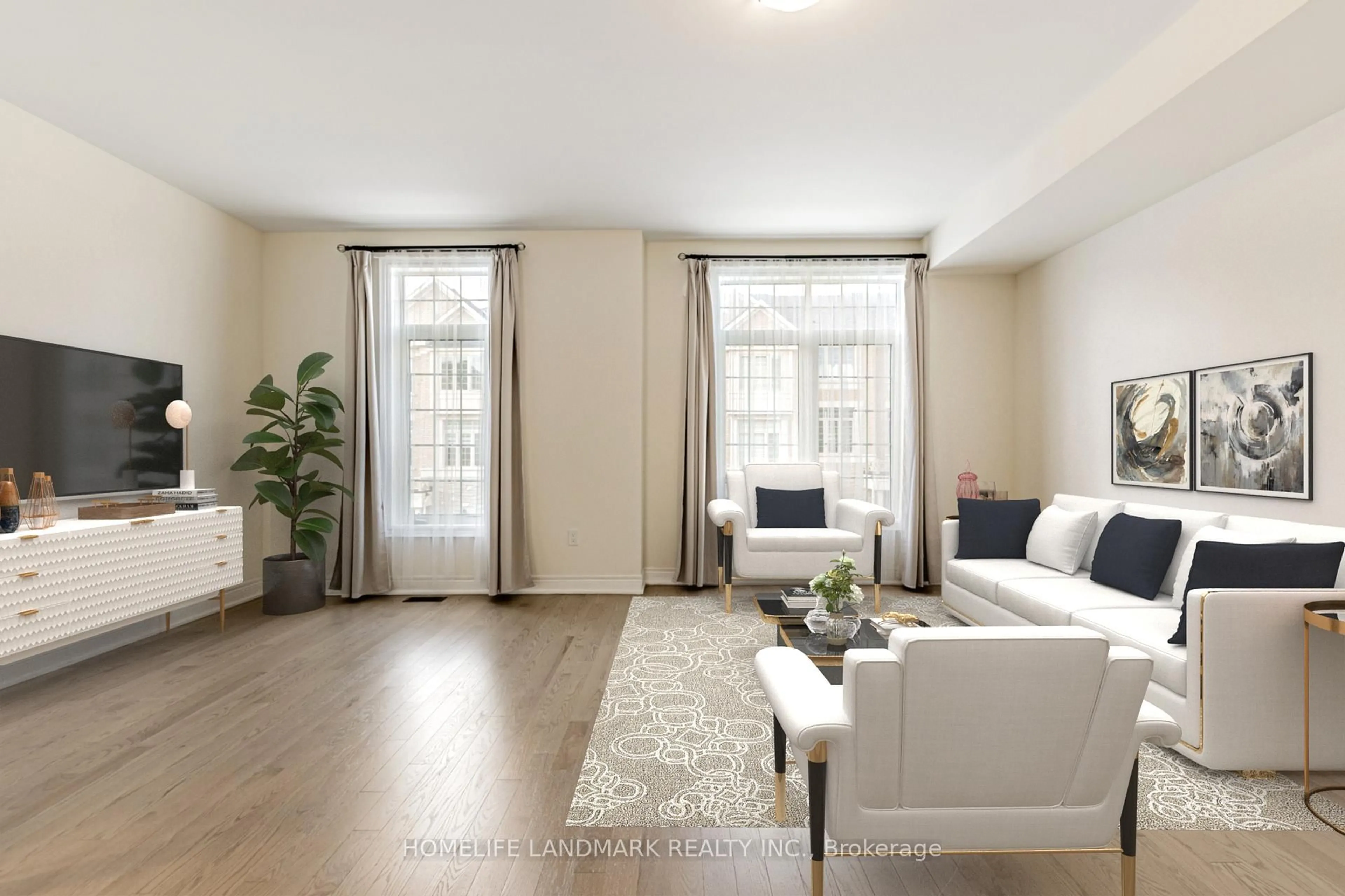 Living room with furniture, wood/laminate floor for 47 Andress Way, Markham Ontario L3S 0E9