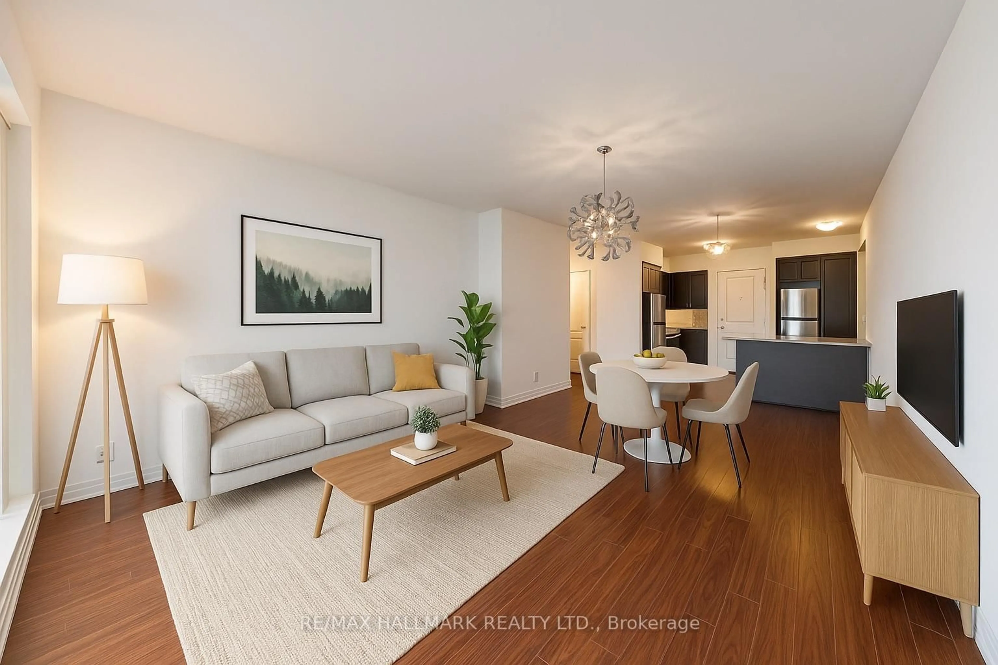 Living room with furniture, wood/laminate floor for 24 Woodstream Blvd #807, Vaughan Ontario L4L 8C4