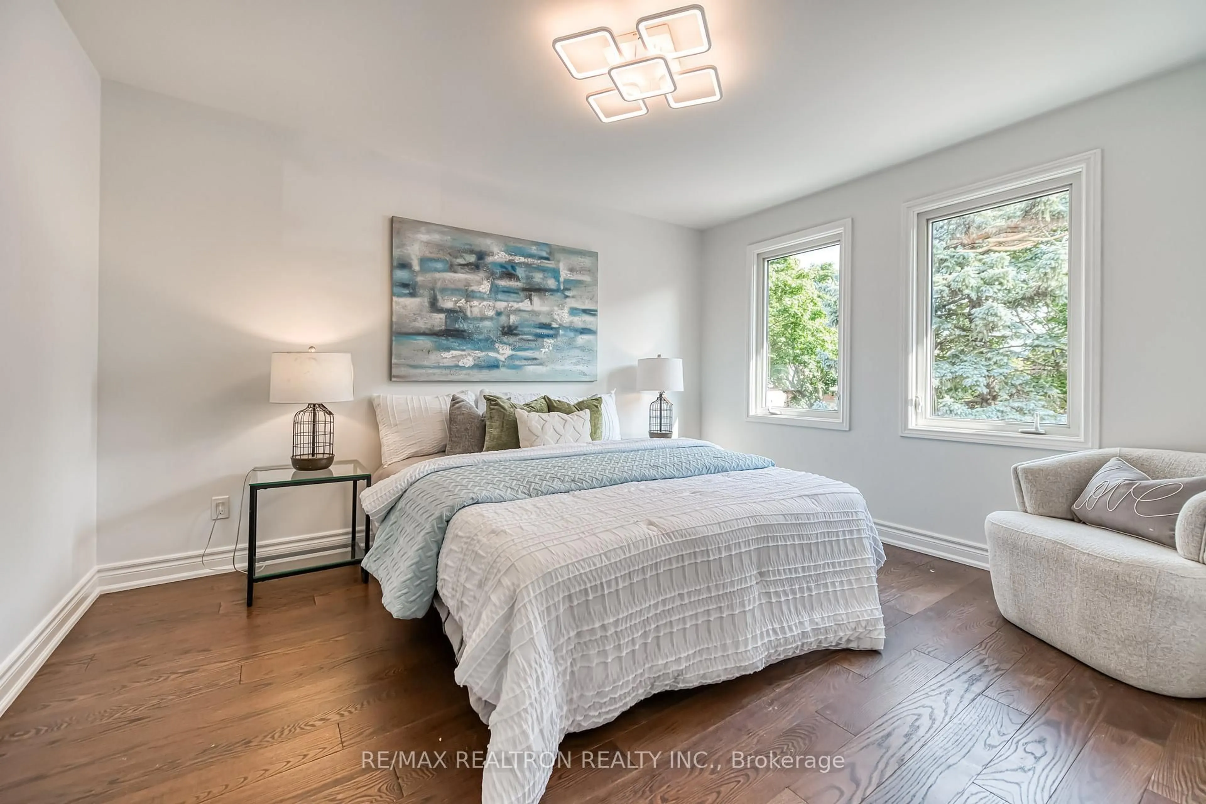 Bedroom with bed, wood/laminate floor for 8 Hallam Rd, Markham Ontario L3P 5Y4