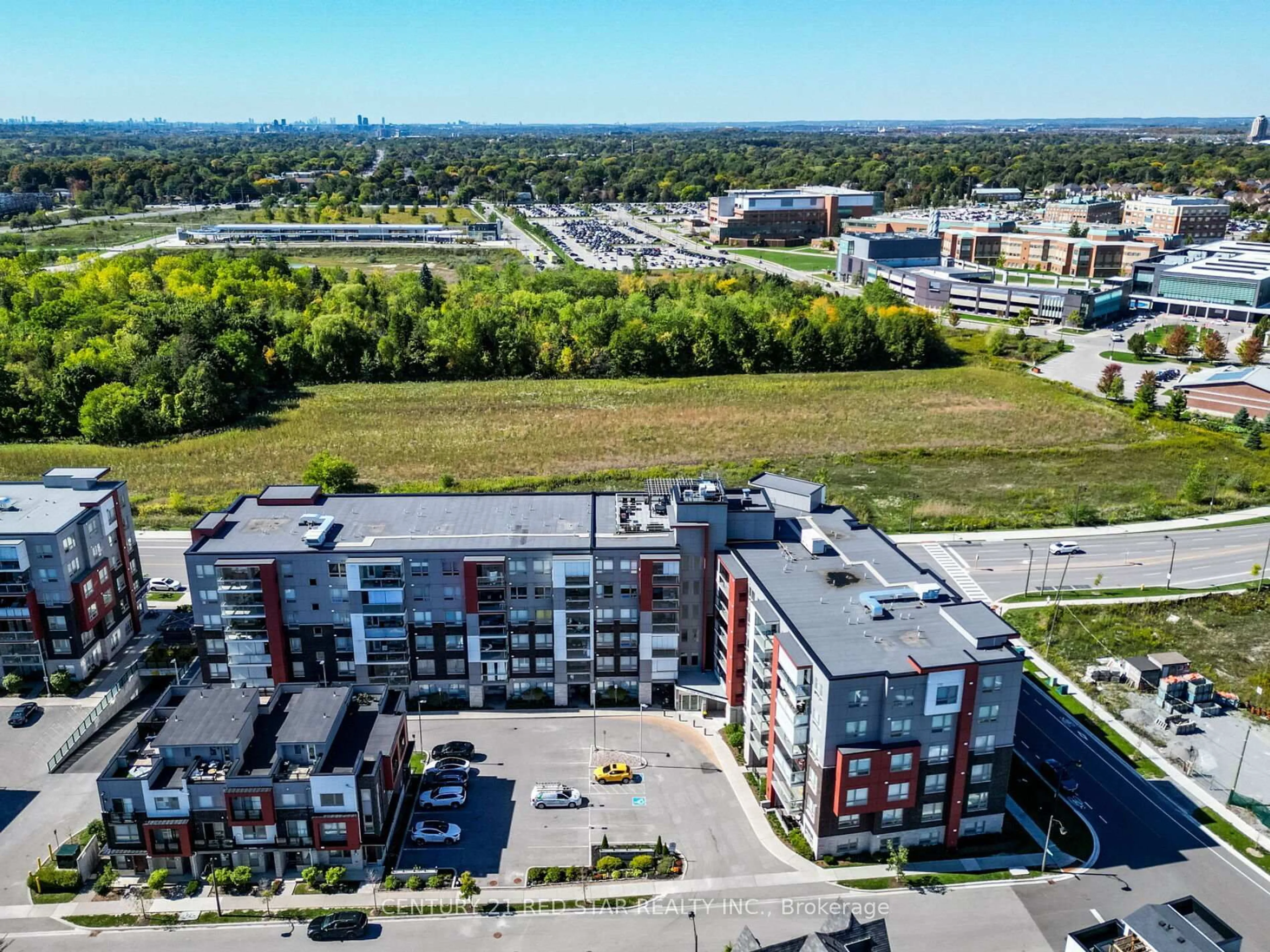 A pic from outside/outdoor area/front of a property/back of a property/a pic from drone, city buildings view from balcony for 58 Adam Sellers St #417, Markham Ontario L6B 1M7