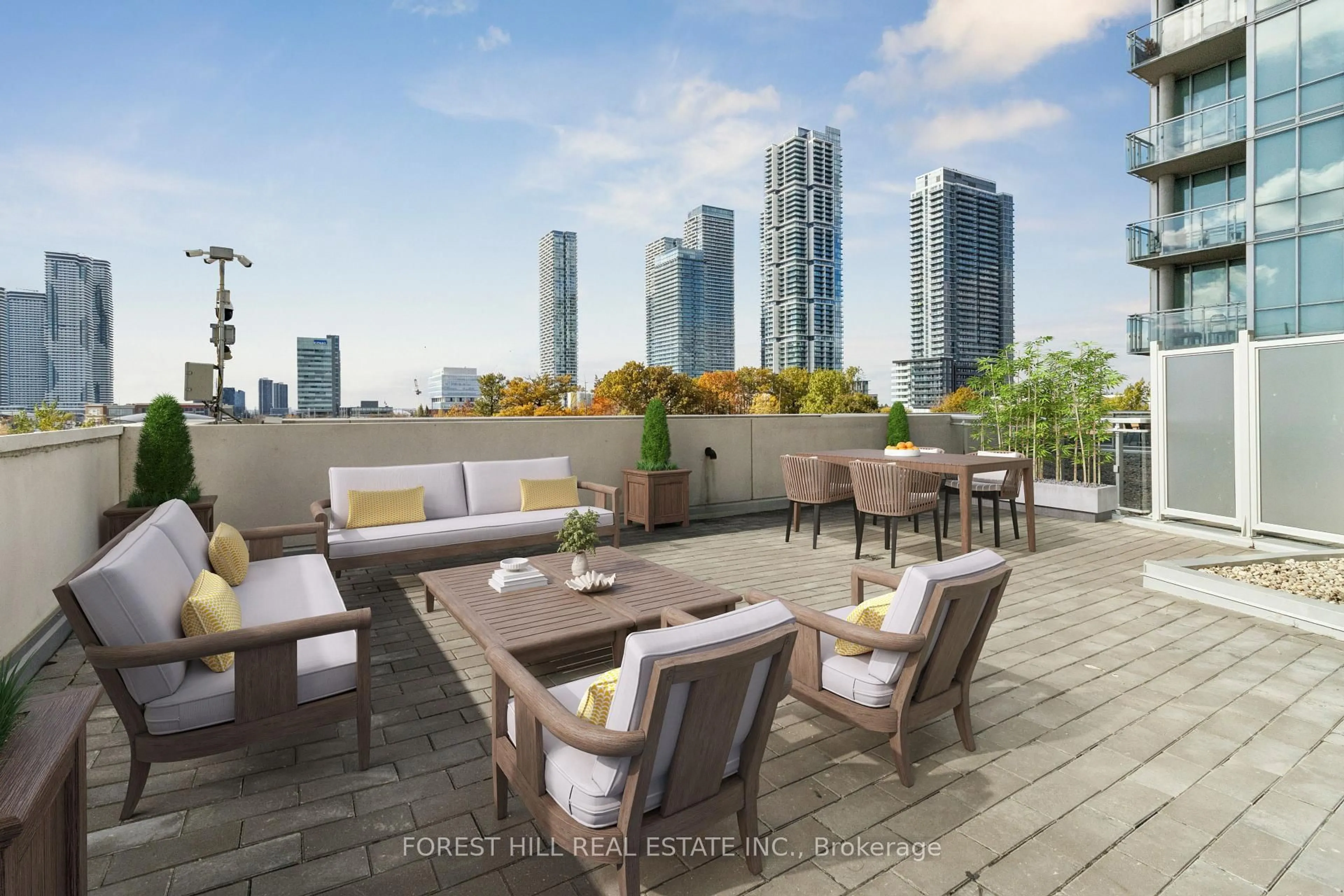 Patio, city buildings view from balcony for 2916 Hwy 7 Rd #203, Vaughan Ontario L4K 0K6