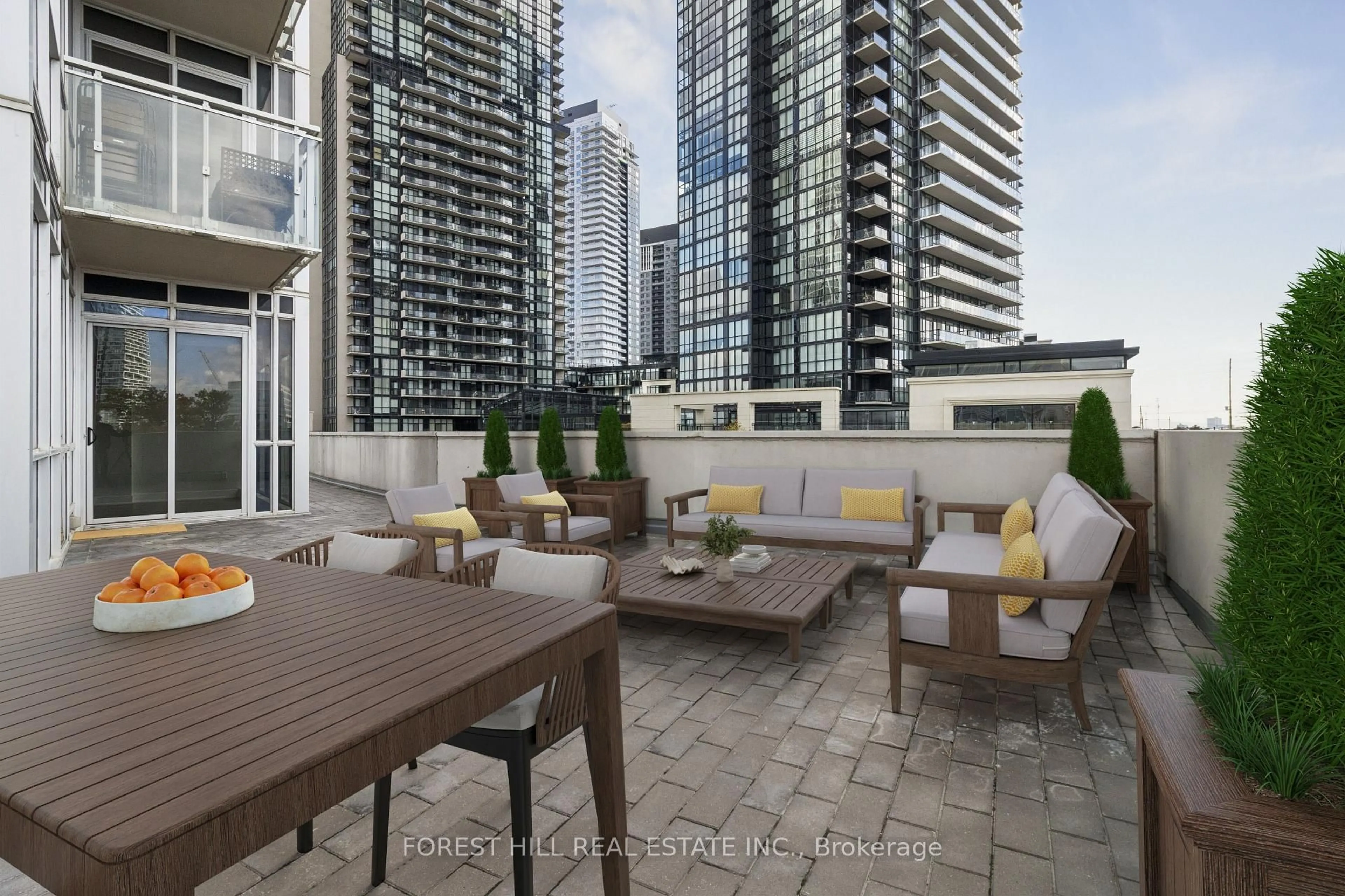 Patio, city buildings view from balcony for 2916 Hwy 7 Rd #203, Vaughan Ontario L4K 0K6