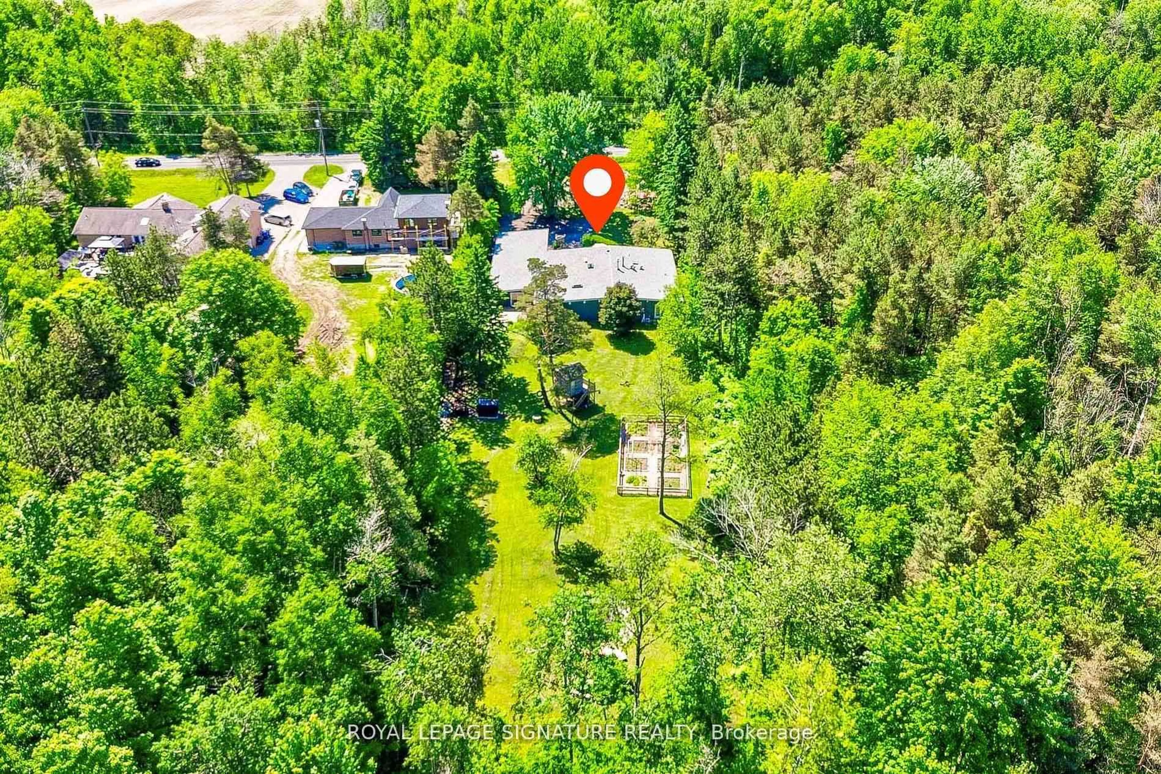 A pic from outside/outdoor area/front of a property/back of a property/a pic from drone, forest/trees view for 6554 9th Line, New Tecumseth Ontario L0G 1A0