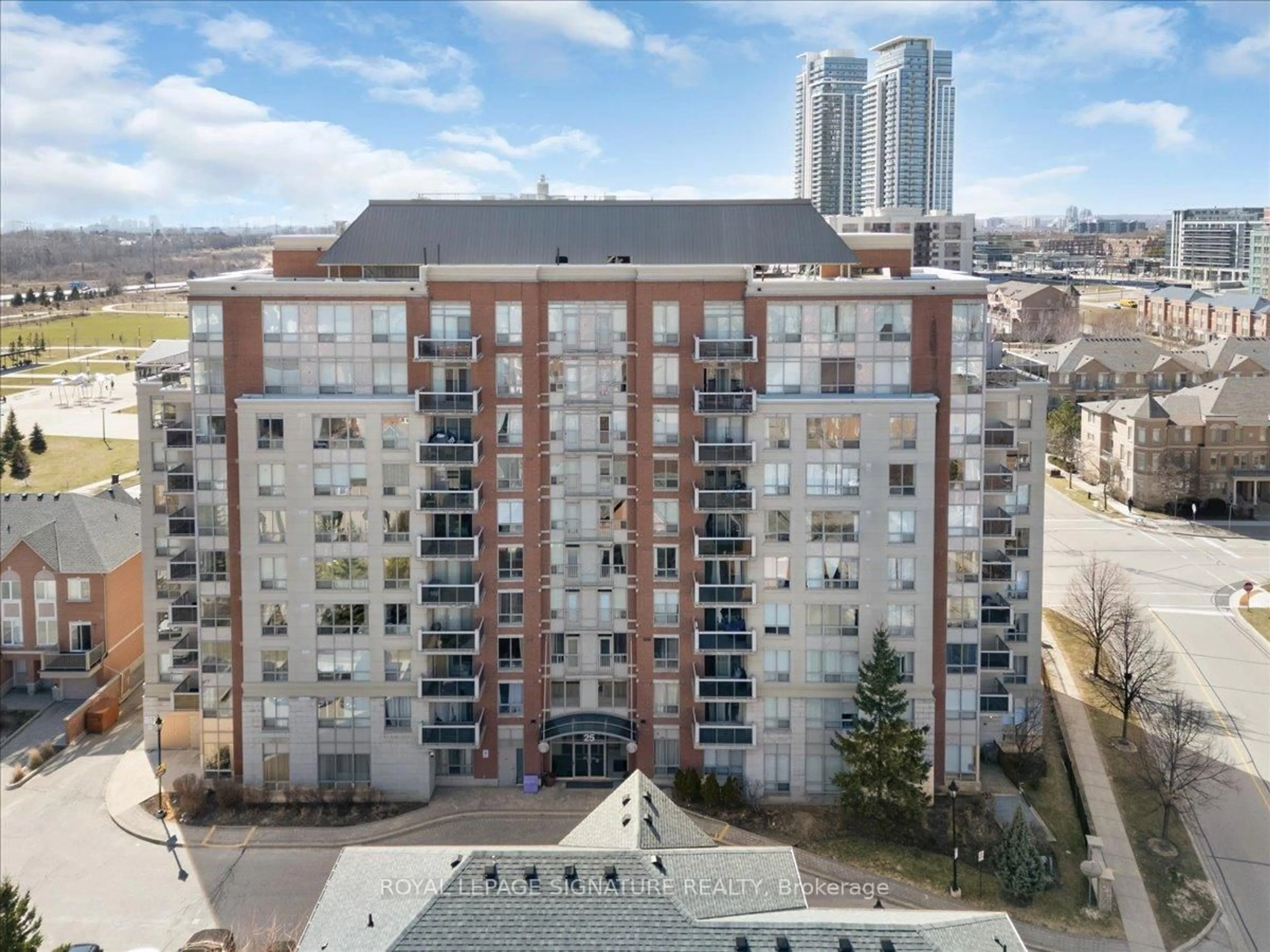A pic from outside/outdoor area/front of a property/back of a property/a pic from drone, city buildings view from balcony for 25 Times Ave #108, Markham Ontario L3T 7X5