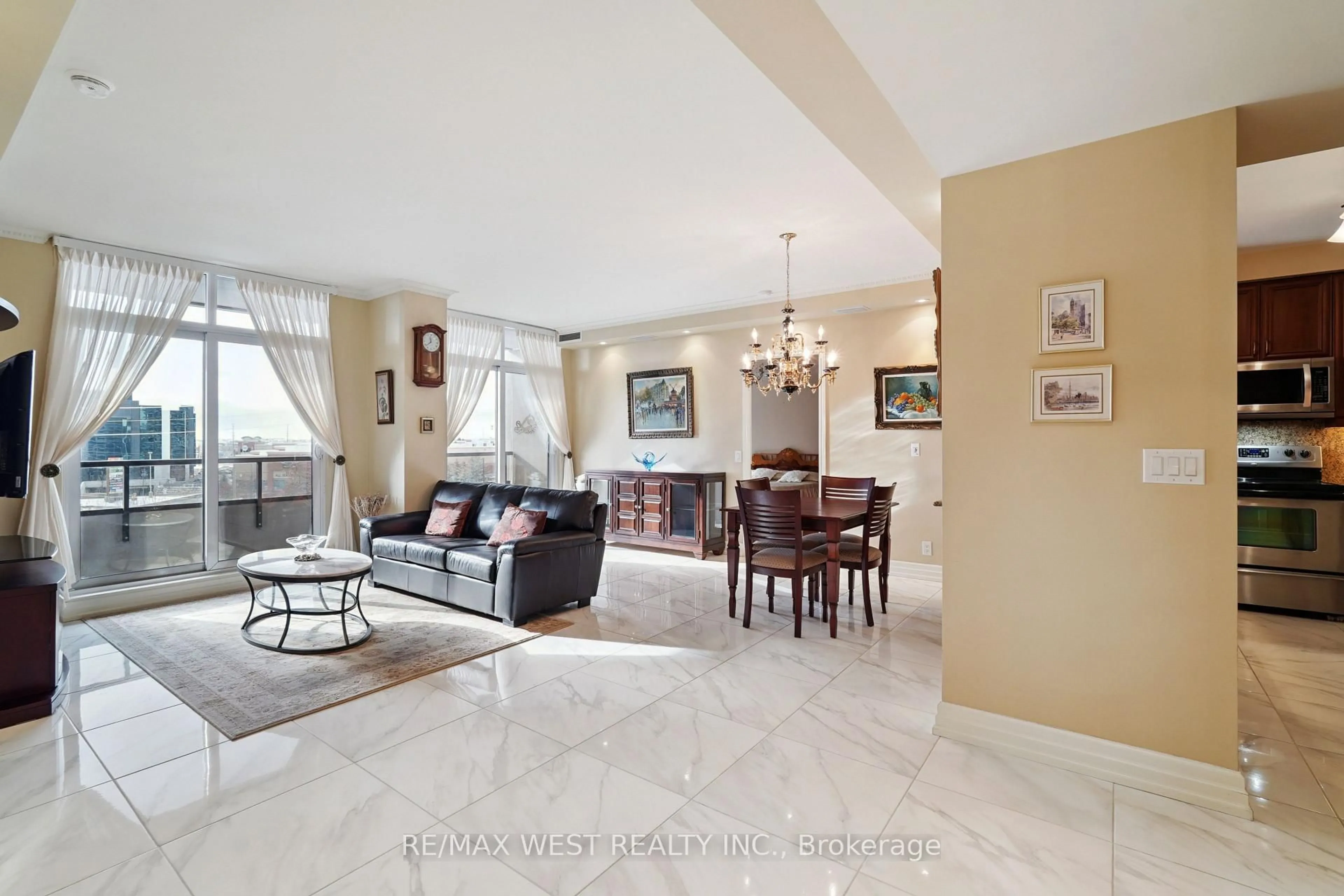 Living room with furniture, ceramic/tile floor for 9235 Jane St #407, Vaughan Ontario L6A 0J8
