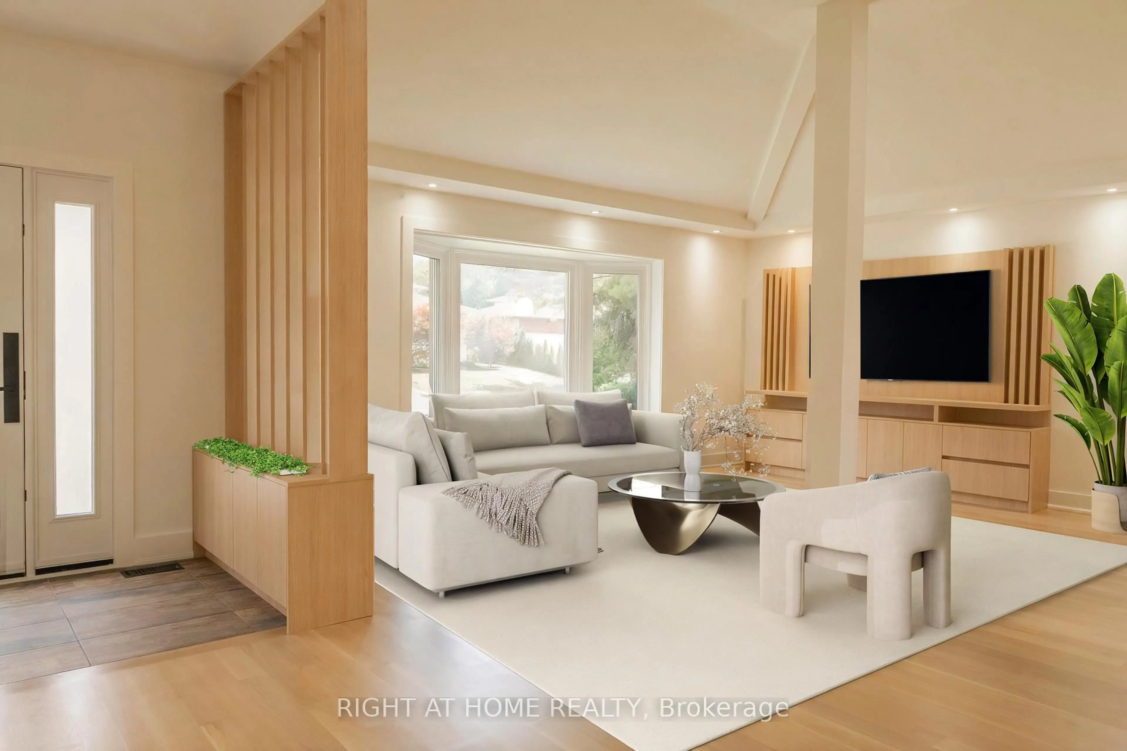 Living room with furniture, wood/laminate floor for 34 Wildrose Cres, Markham Ontario L3T 1N5