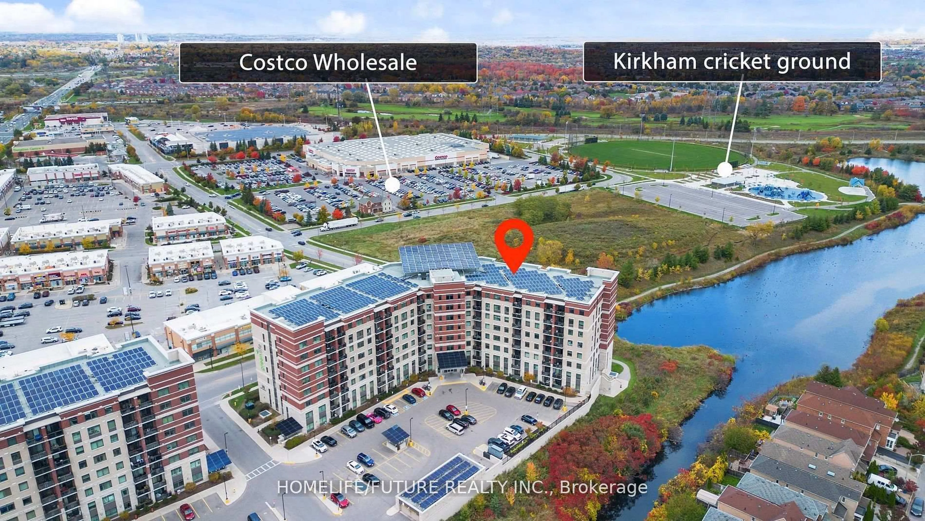 A pic from outside/outdoor area/front of a property/back of a property/a pic from drone, water/lake/river/ocean view for 39 New Delhi Dr #809, Markham Ontario L3S 0E1