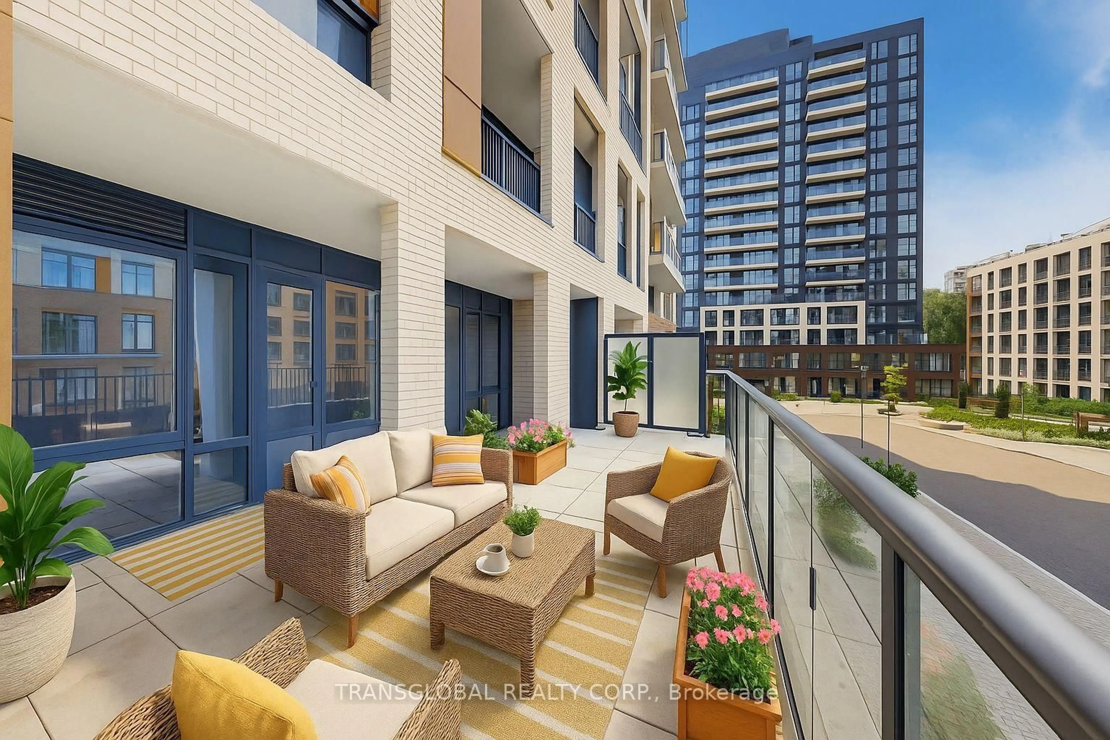 Patio, city buildings view from balcony for 7950 Bathurst St #202, Vaughan Ontario L4J 0L4