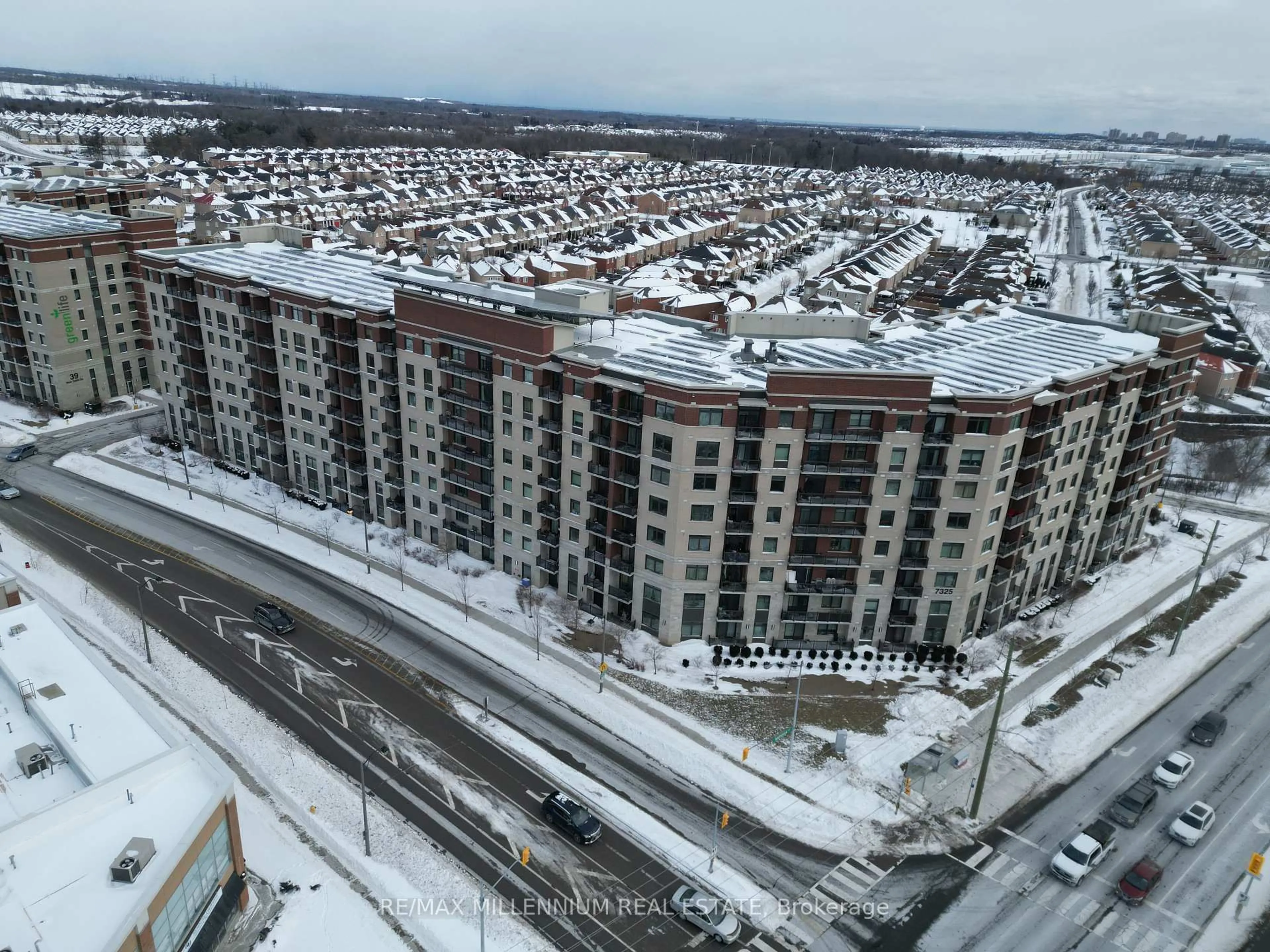 A pic from outside/outdoor area/front of a property/back of a property/a pic from drone, city buildings view from balcony for 7325 Markham Rd #323, Markham Ontario L3S 0J9