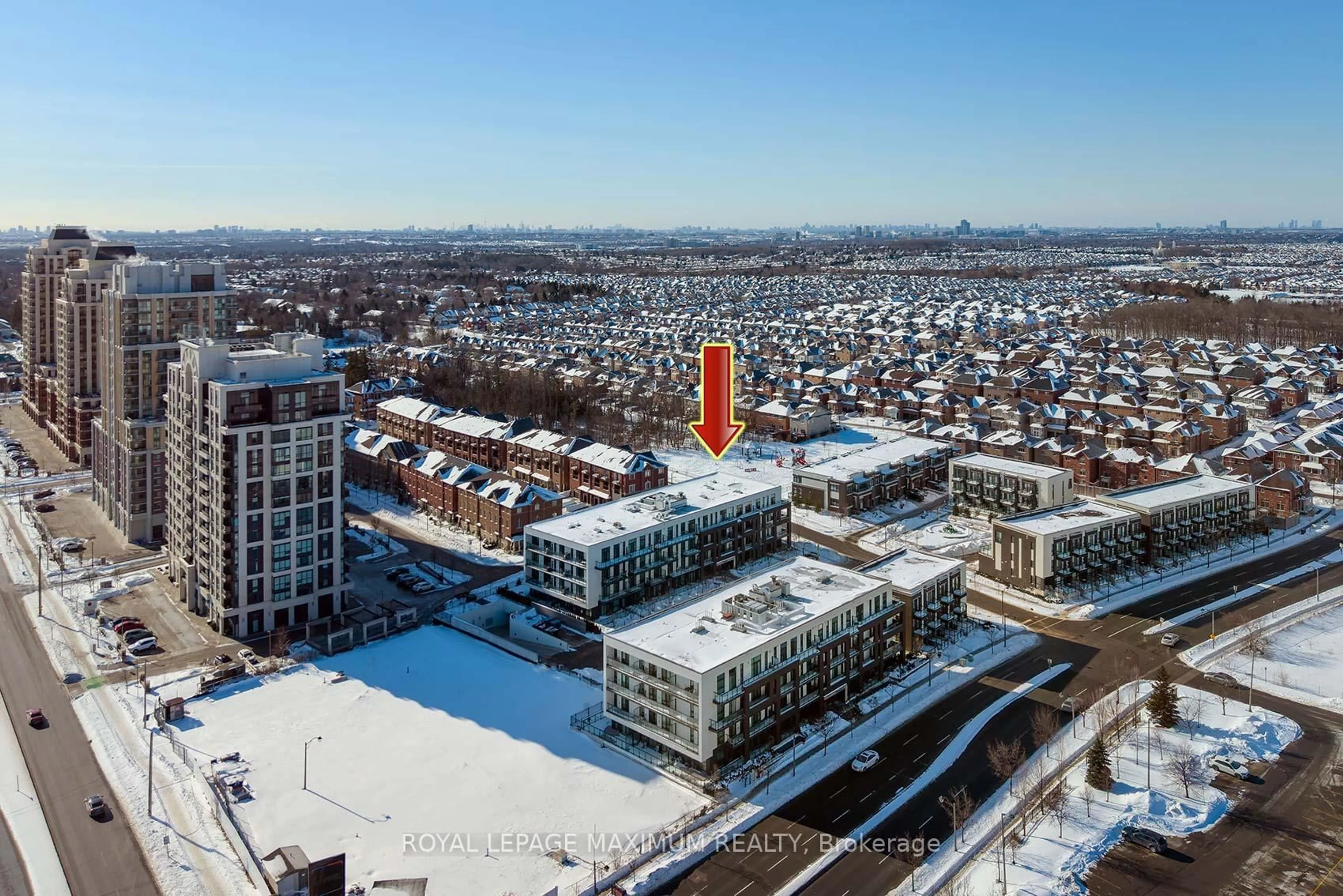 A pic from outside/outdoor area/front of a property/back of a property/a pic from drone, city buildings view from balcony for 1 Climo Lane #210, Markham Ontario L6E 0V8