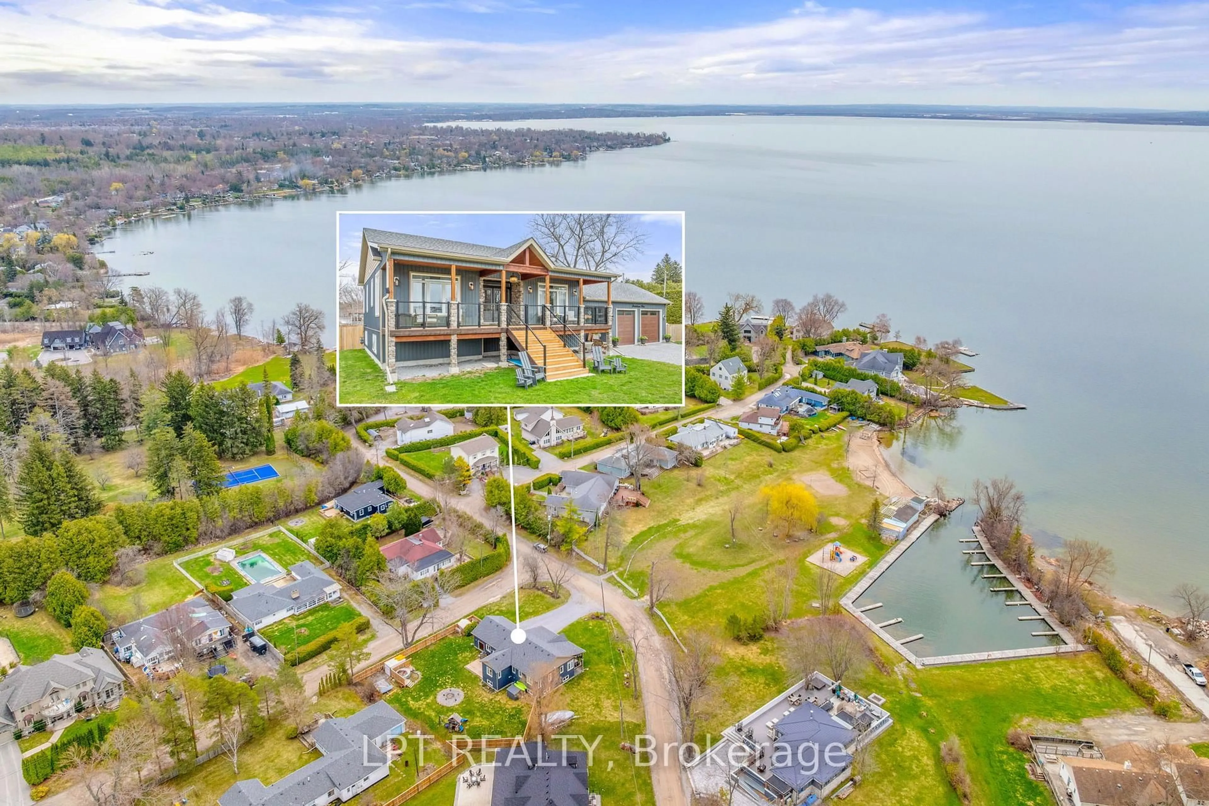A pic from outside/outdoor area/front of a property/back of a property/a pic from drone, water/lake/river/ocean view for 23 Dunkelman Dr, Georgina Ontario L4P 3C8