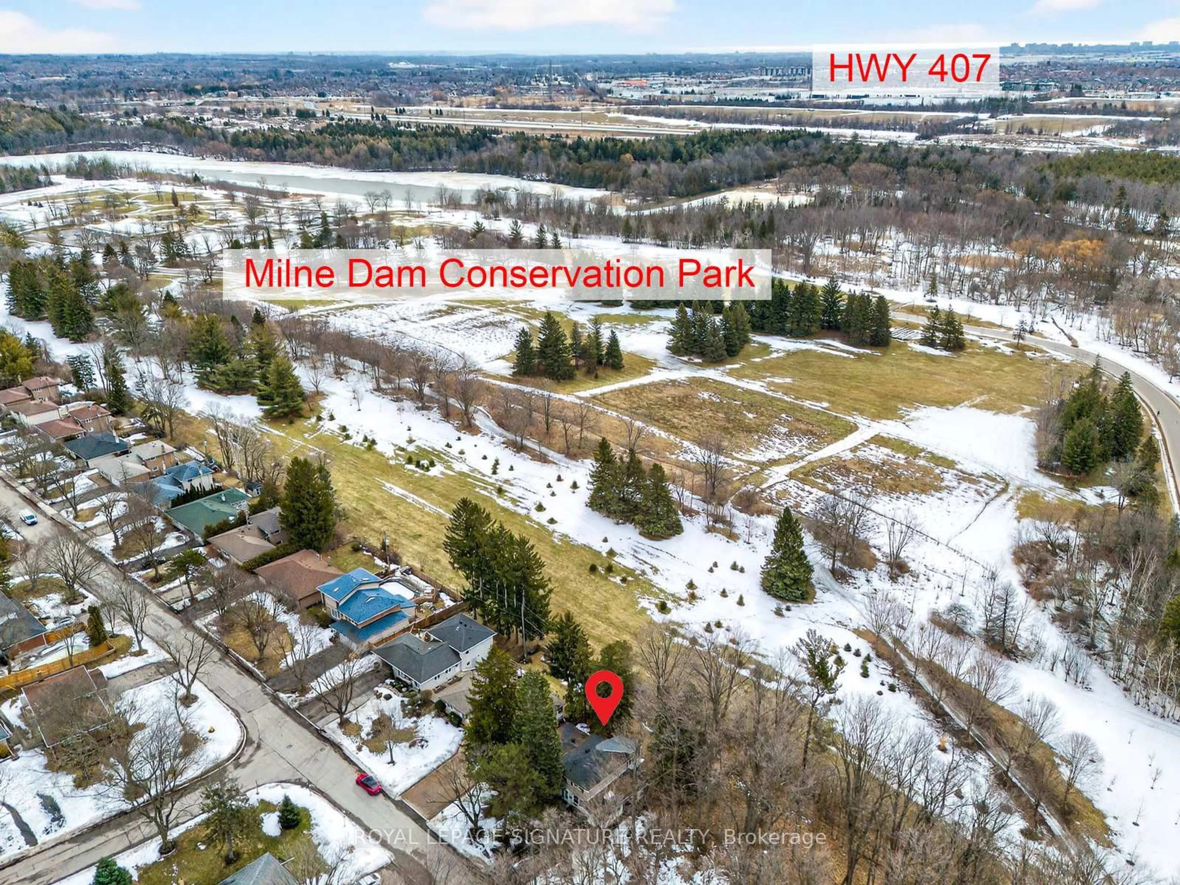 A pic from outside/outdoor area/front of a property/back of a property/a pic from drone, water/lake/river/ocean view for 145 Drakefield Rd, Markham Ontario L3P 1G9