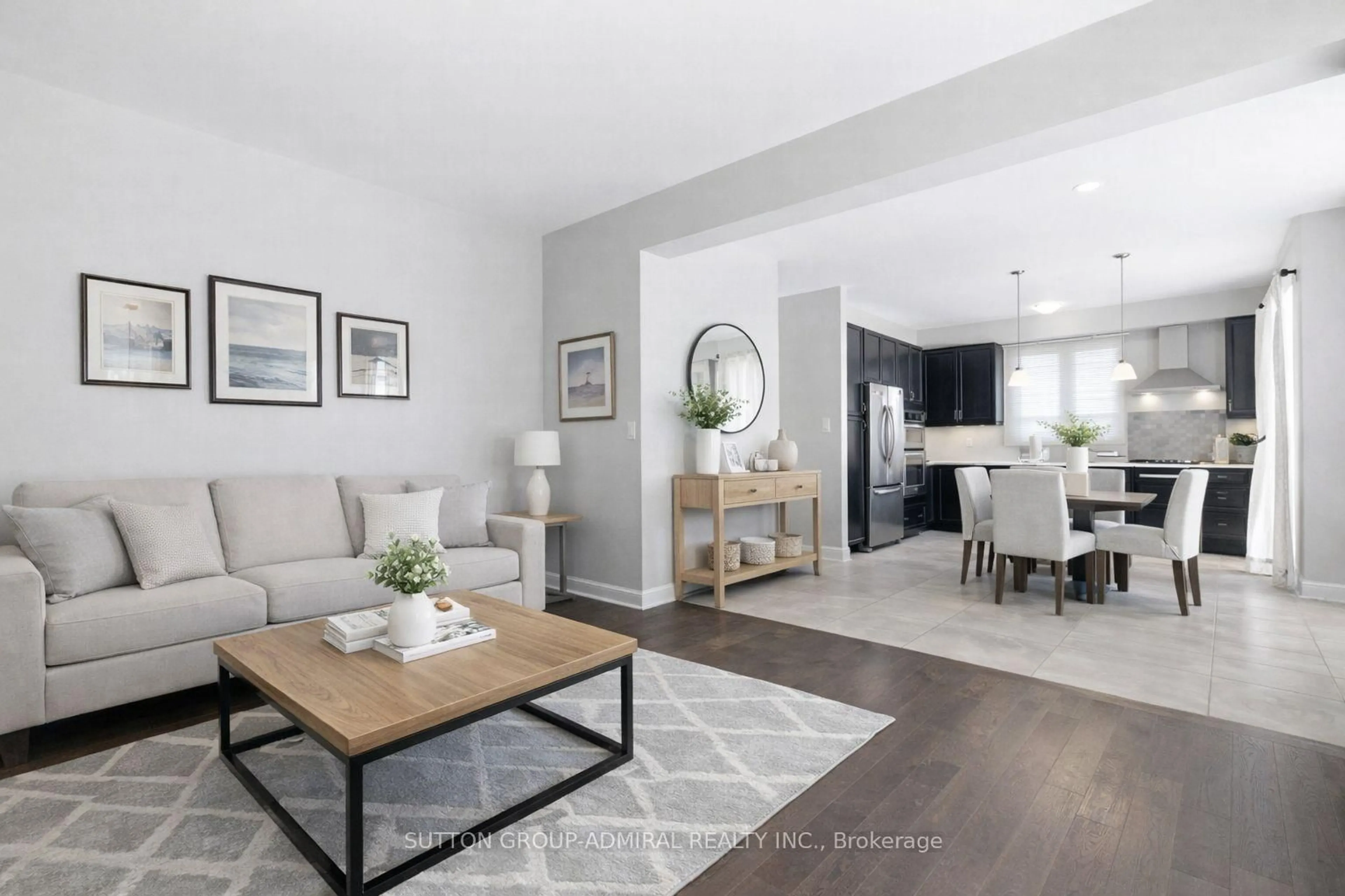 Living room with furniture, wood/laminate floor for 1 Citrine Dr, Bradford West Gwillimbury Ontario L3Z 0T5