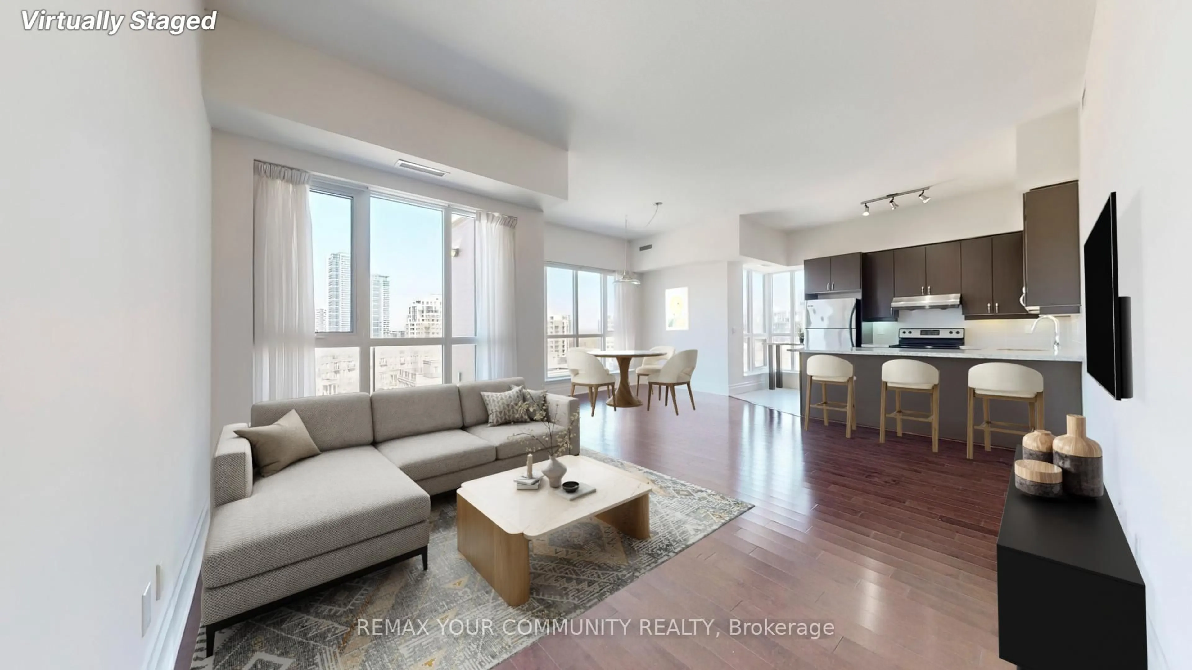 Living room with furniture, wood/laminate floor for 21 Upper Duke Cres #703, Markham Ontario L6G 0B7