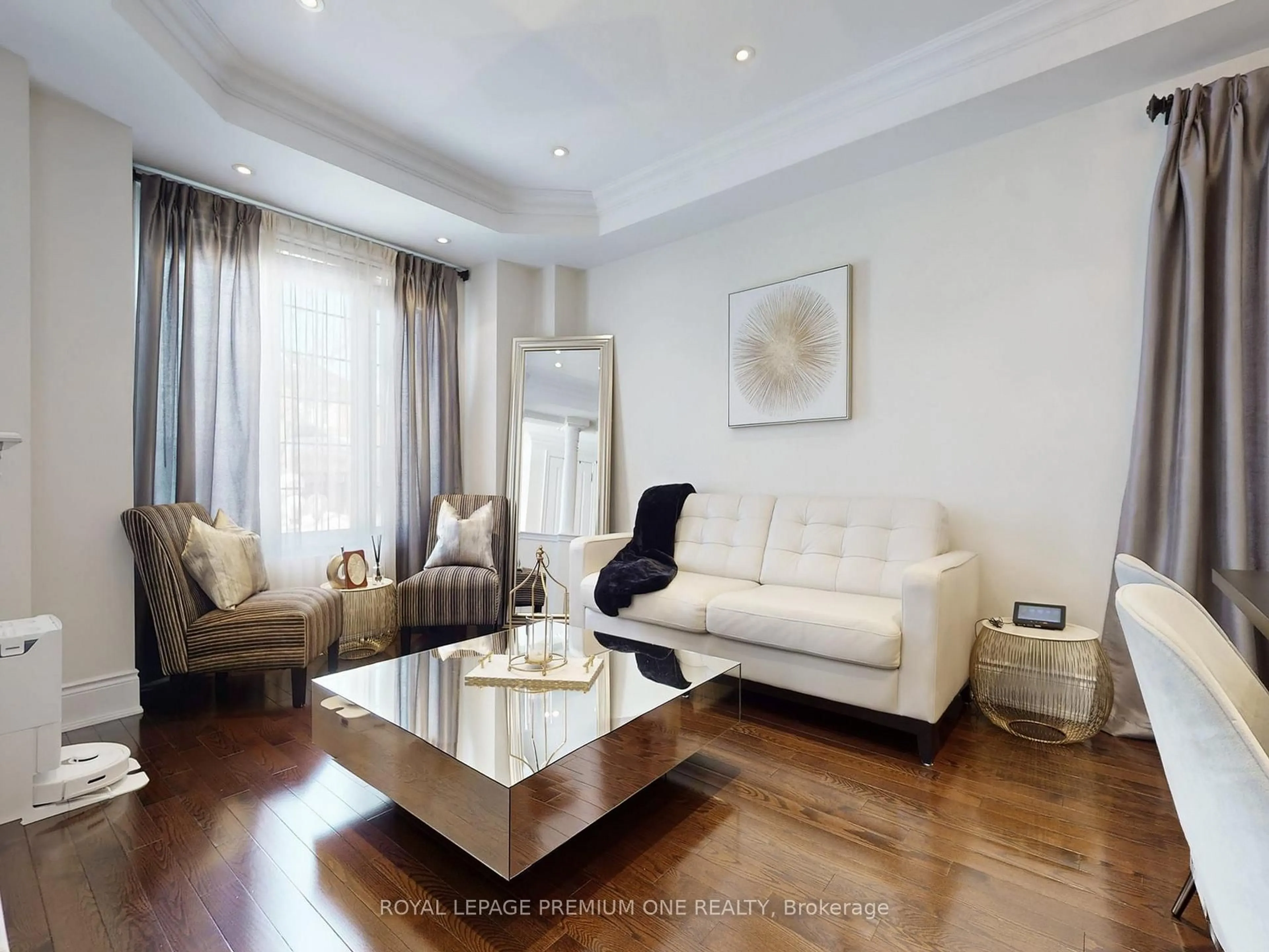 Living room with furniture, wood/laminate floor for 74 Foresta Dr, Vaughan Ontario L4H 0N5