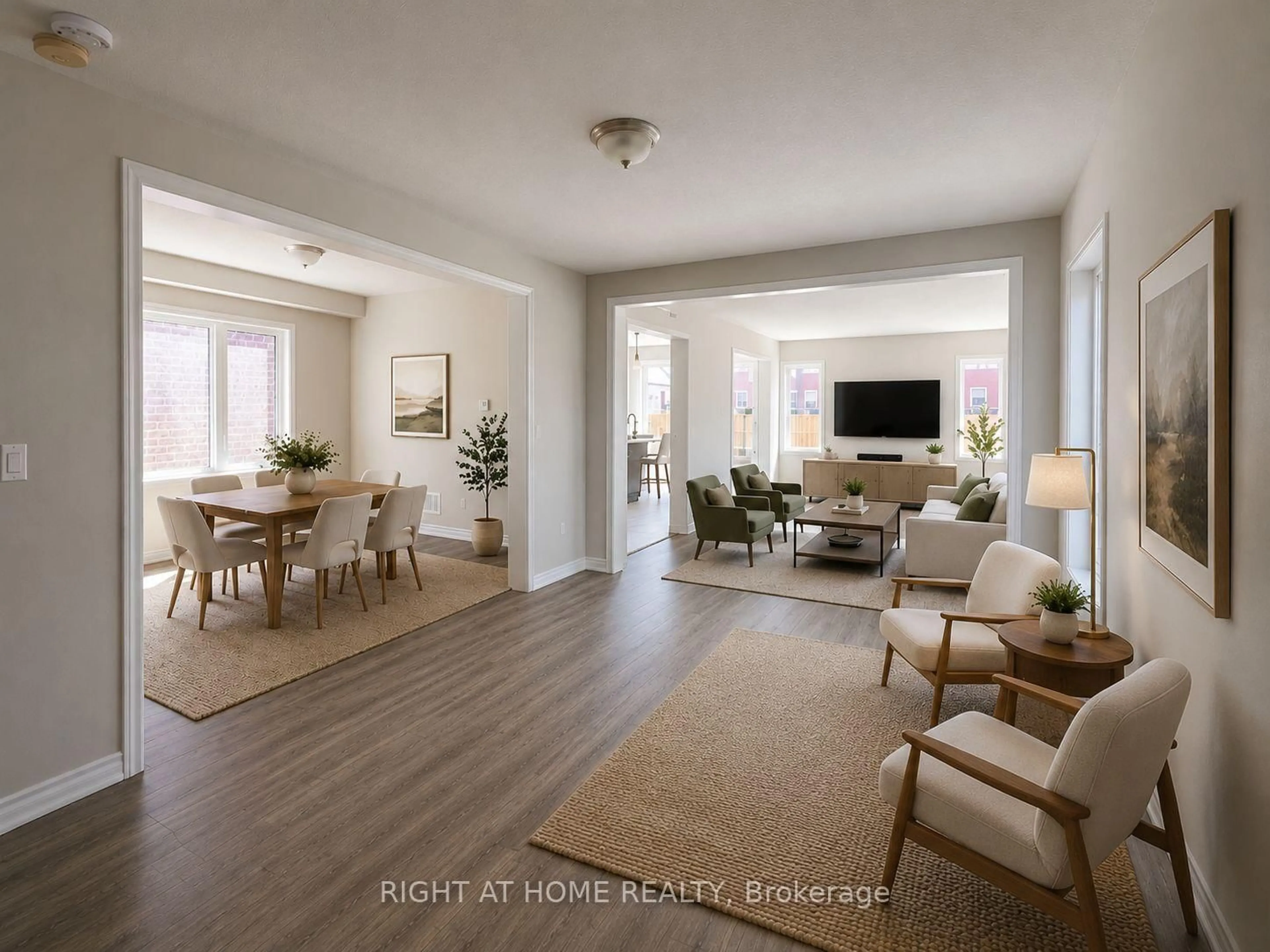 Living room with furniture, wood/laminate floor for 52 Holt Dr, New Tecumseth Ontario L9R 0H8