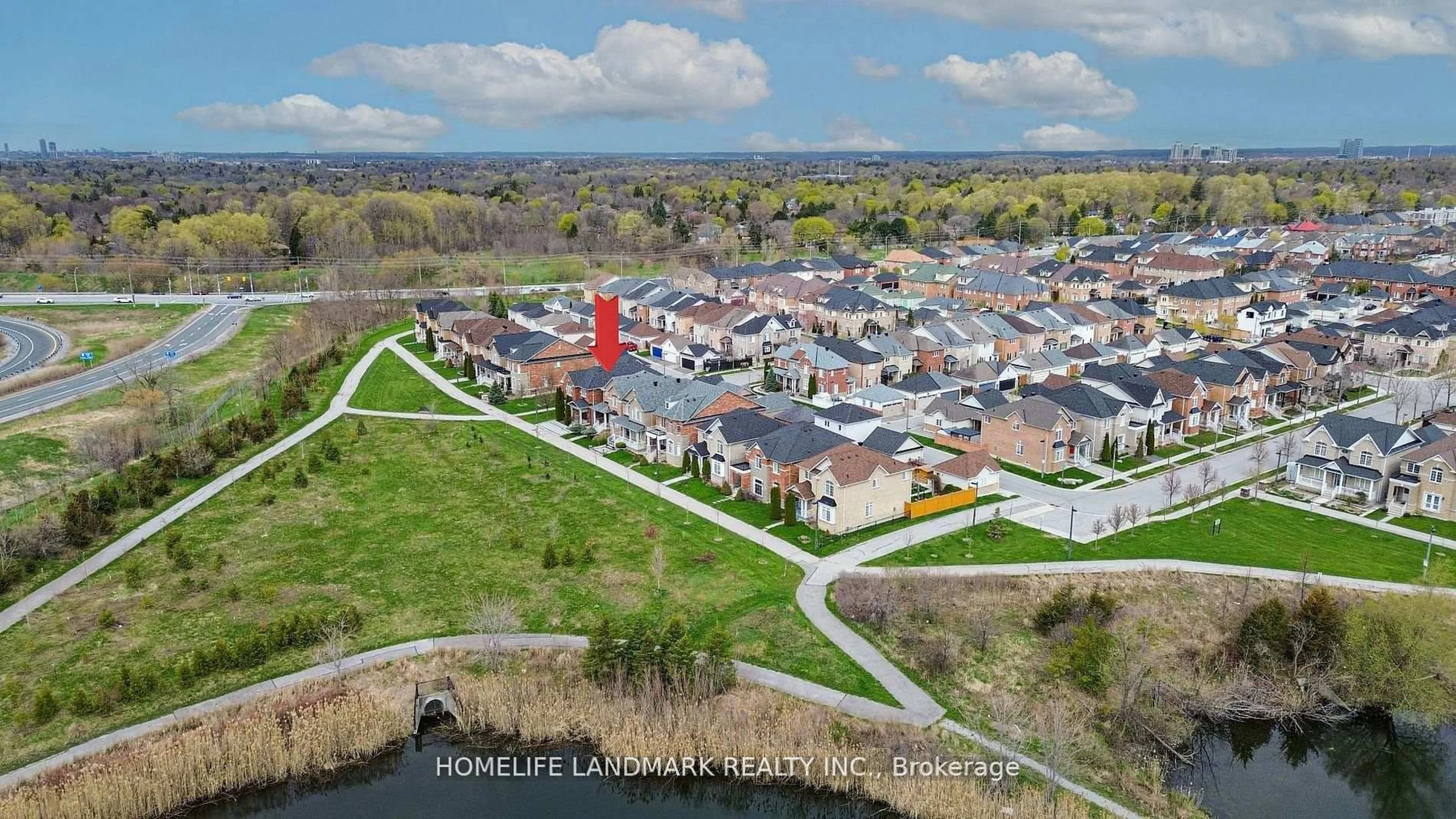 A pic from outside/outdoor area/front of a property/back of a property/a pic from drone, water/lake/river/ocean view for 13 Woodway Lane, Markham Ontario L6B 0N4