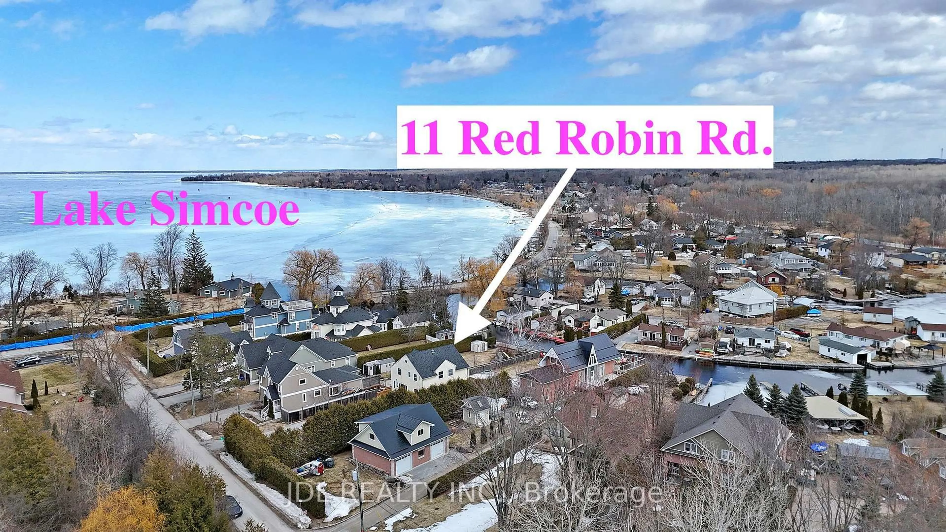 A pic from outside/outdoor area/front of a property/back of a property/a pic from drone, water/lake/river/ocean view for 11 Red Robin Rd, Georgina Ontario L4P 3E9