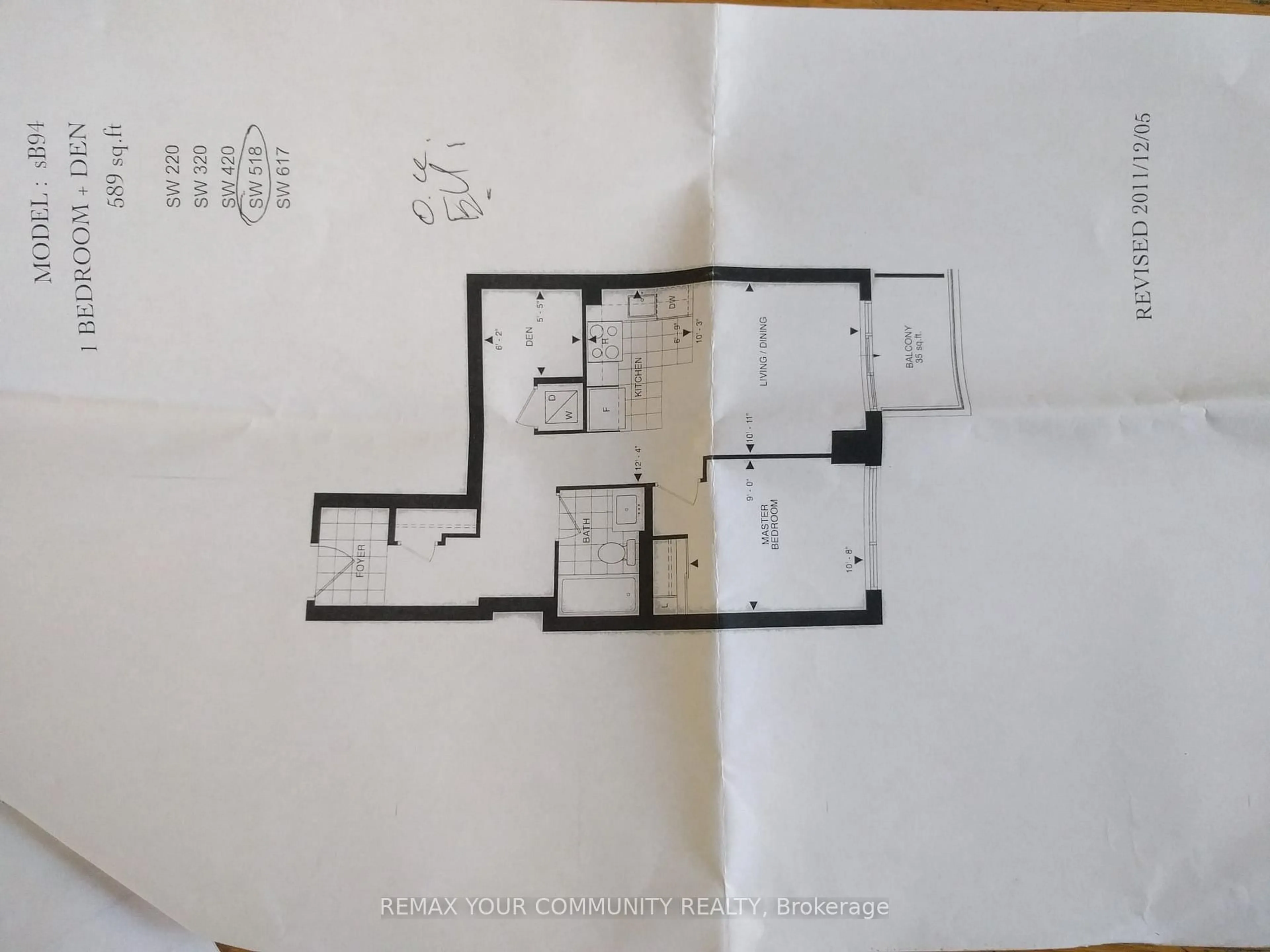 Floor plan for 9191 Yonge St #518 SW, Richmond Hill Ontario L4C 1E2