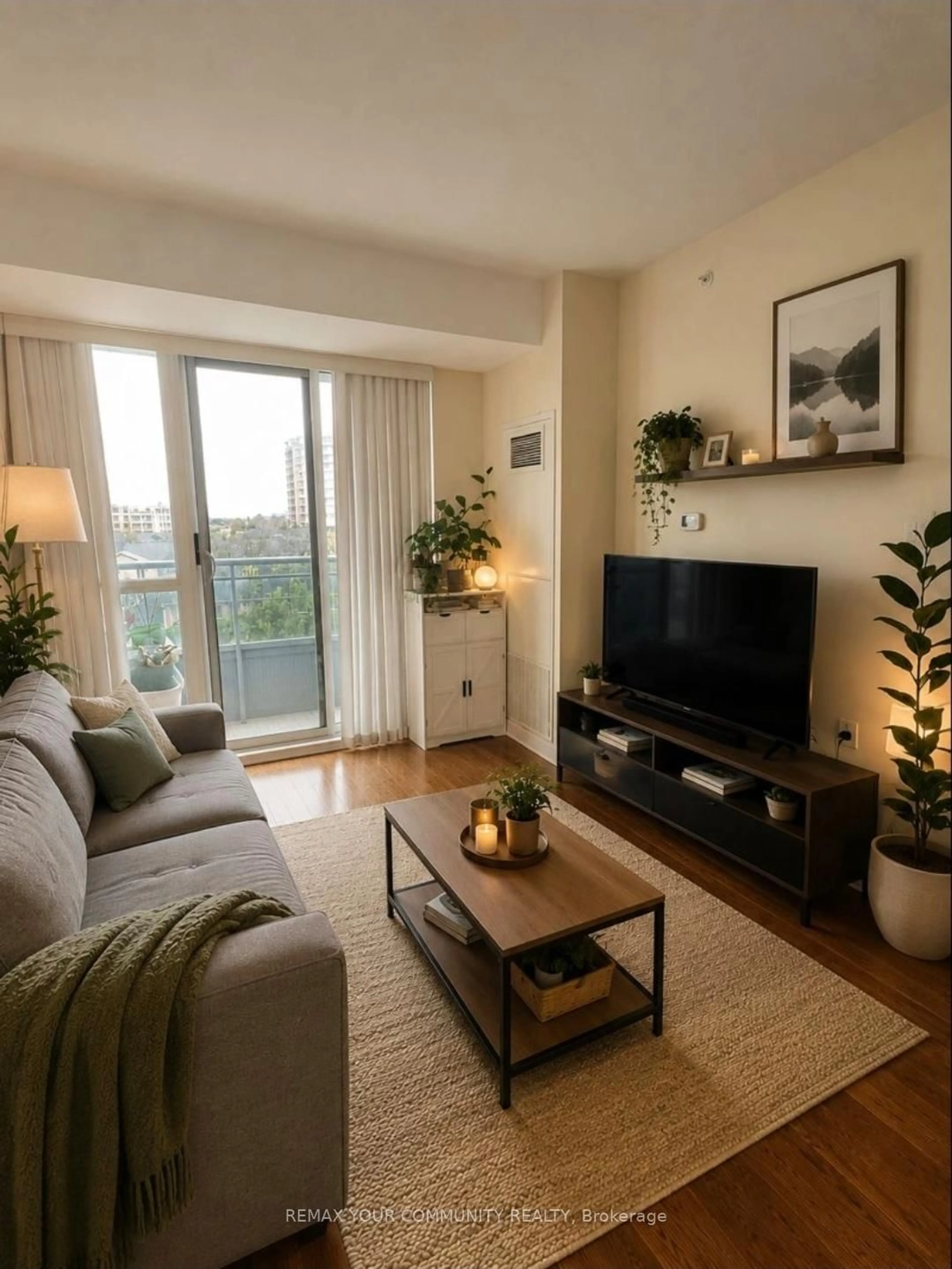 Living room with furniture, wood/laminate floor for 9191 Yonge St #518 SW, Richmond Hill Ontario L4C 1E2