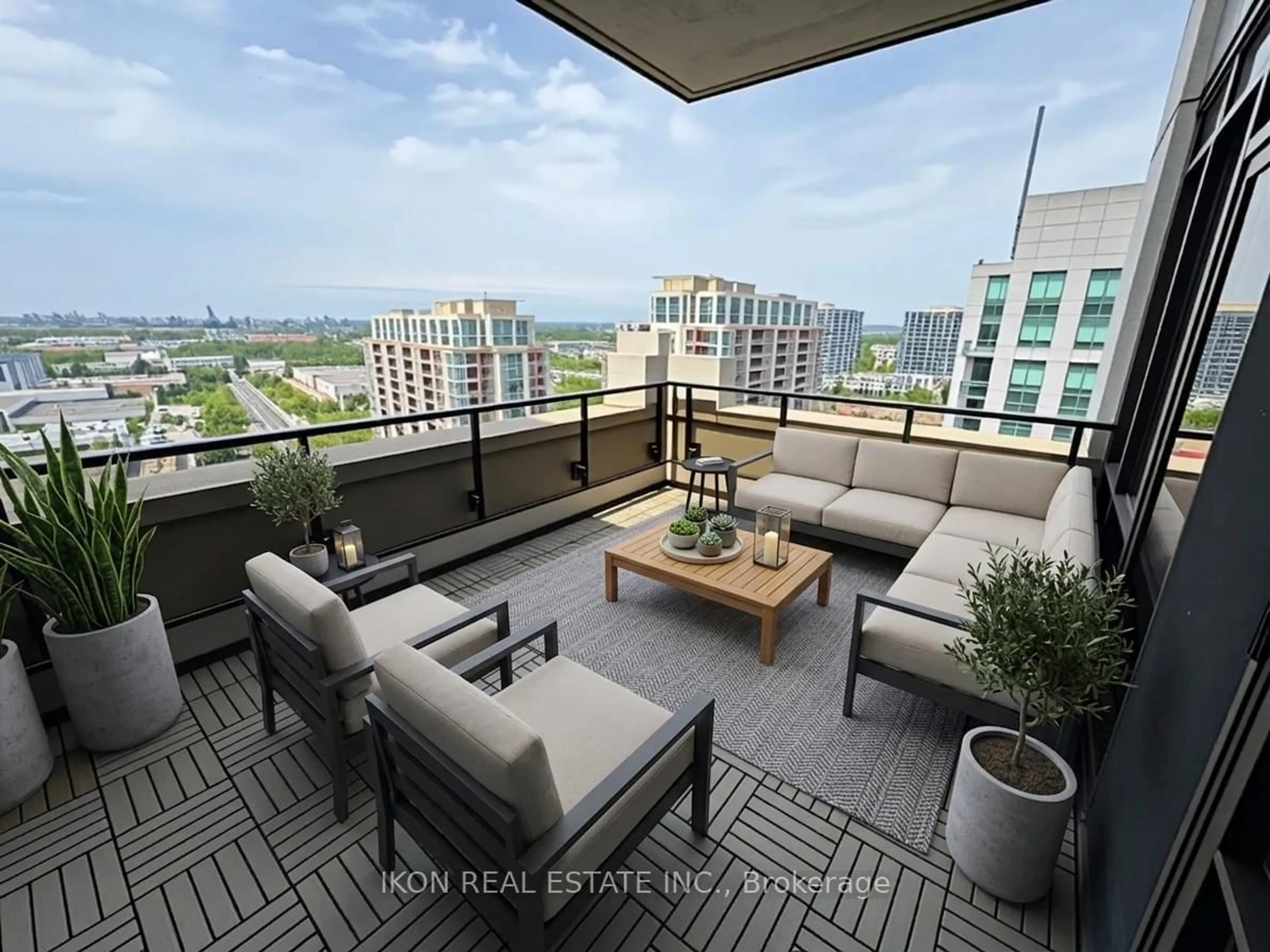 Patio, city buildings view from balcony for 89 South Town Centre Blvd #1707, Markham Ontario L6G 0E8