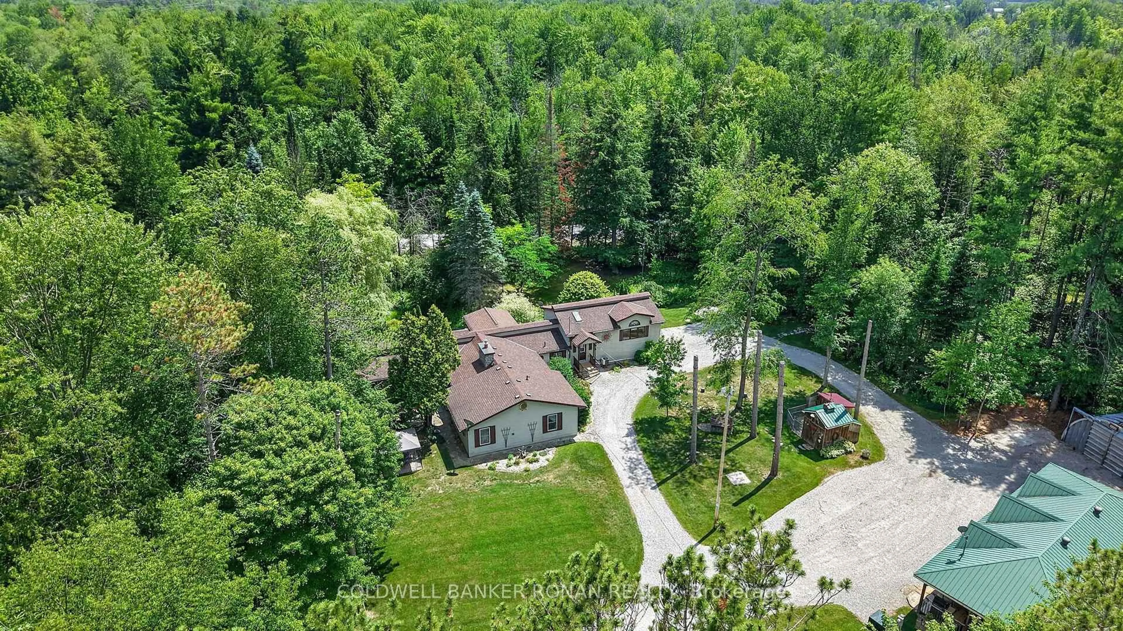 A pic from outside/outdoor area/front of a property/back of a property/a pic from drone, forest/trees view for 7616 5th Line, Essa Ontario L3W 0S8