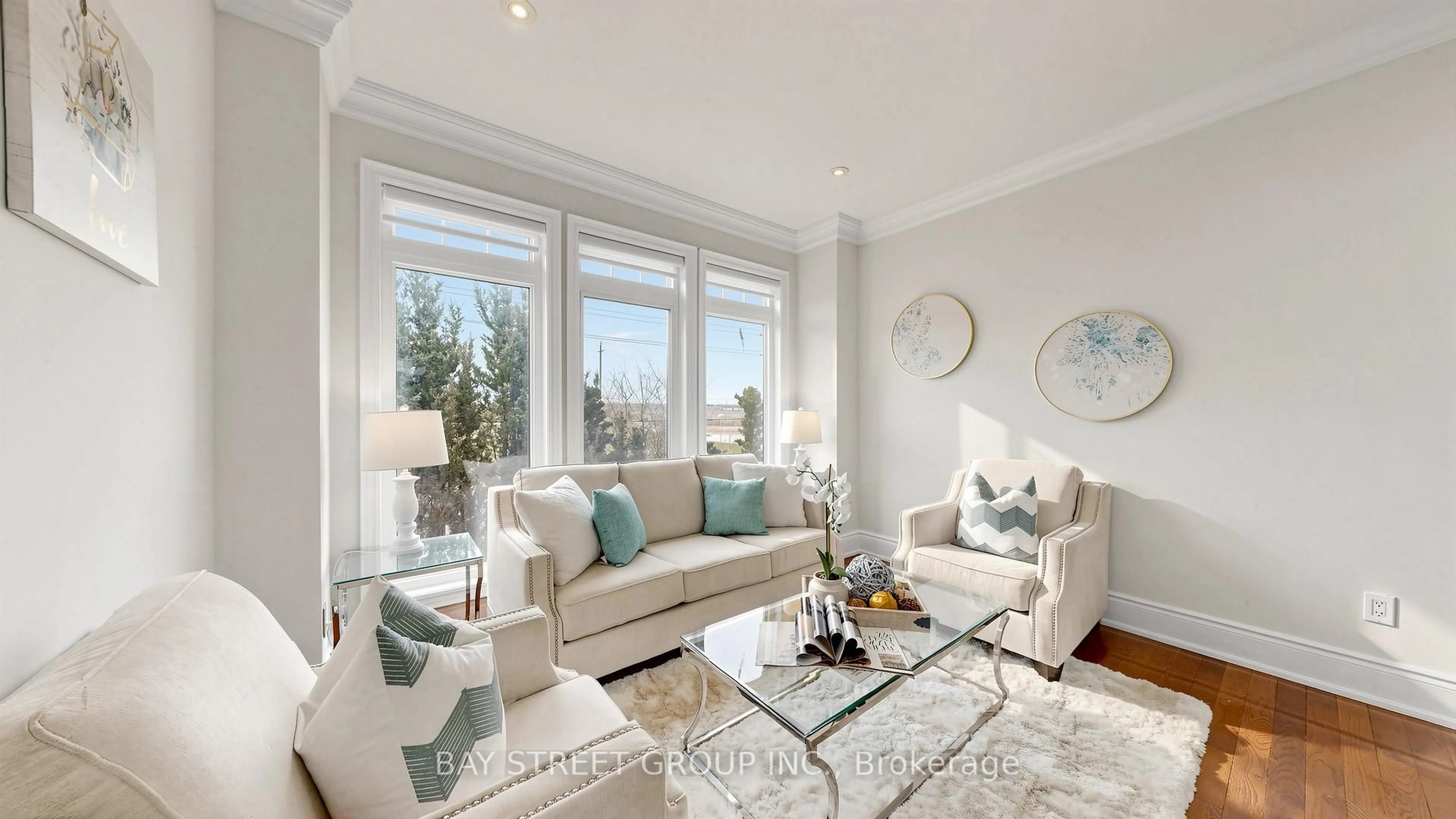 Living room with furniture, wood/laminate floor for 97 Zokol Dr, Aurora Ontario L4G 0B9